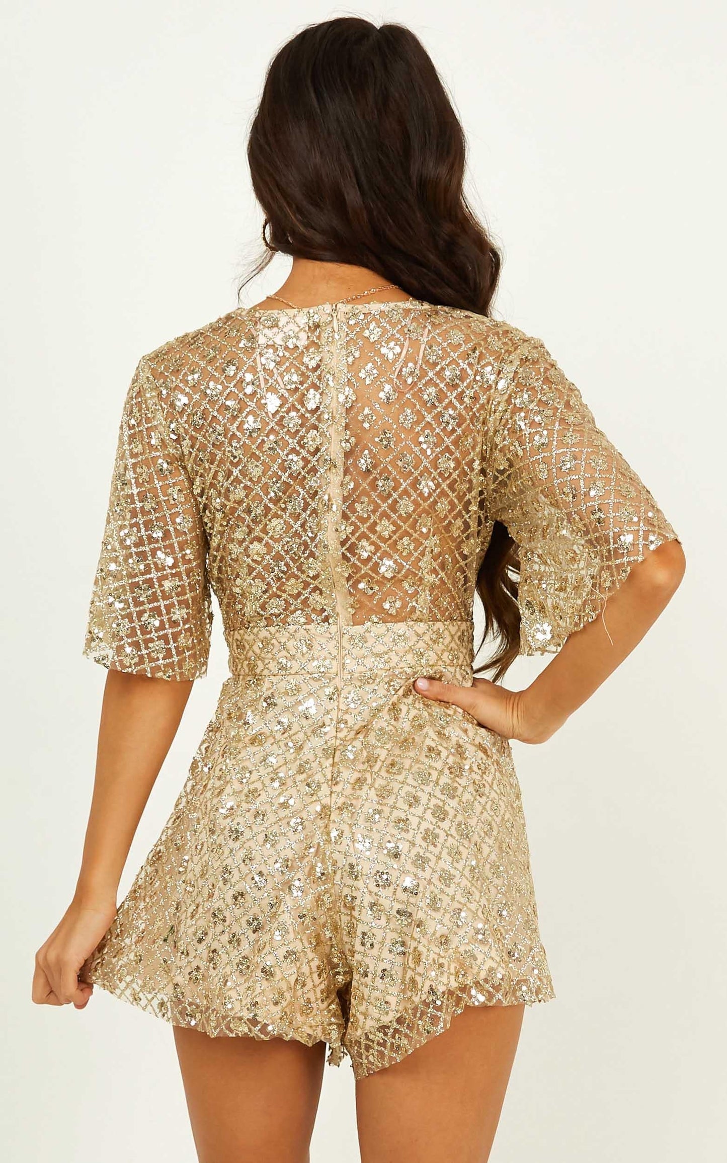 Say It To Me Playsuit In Gold Glitter
