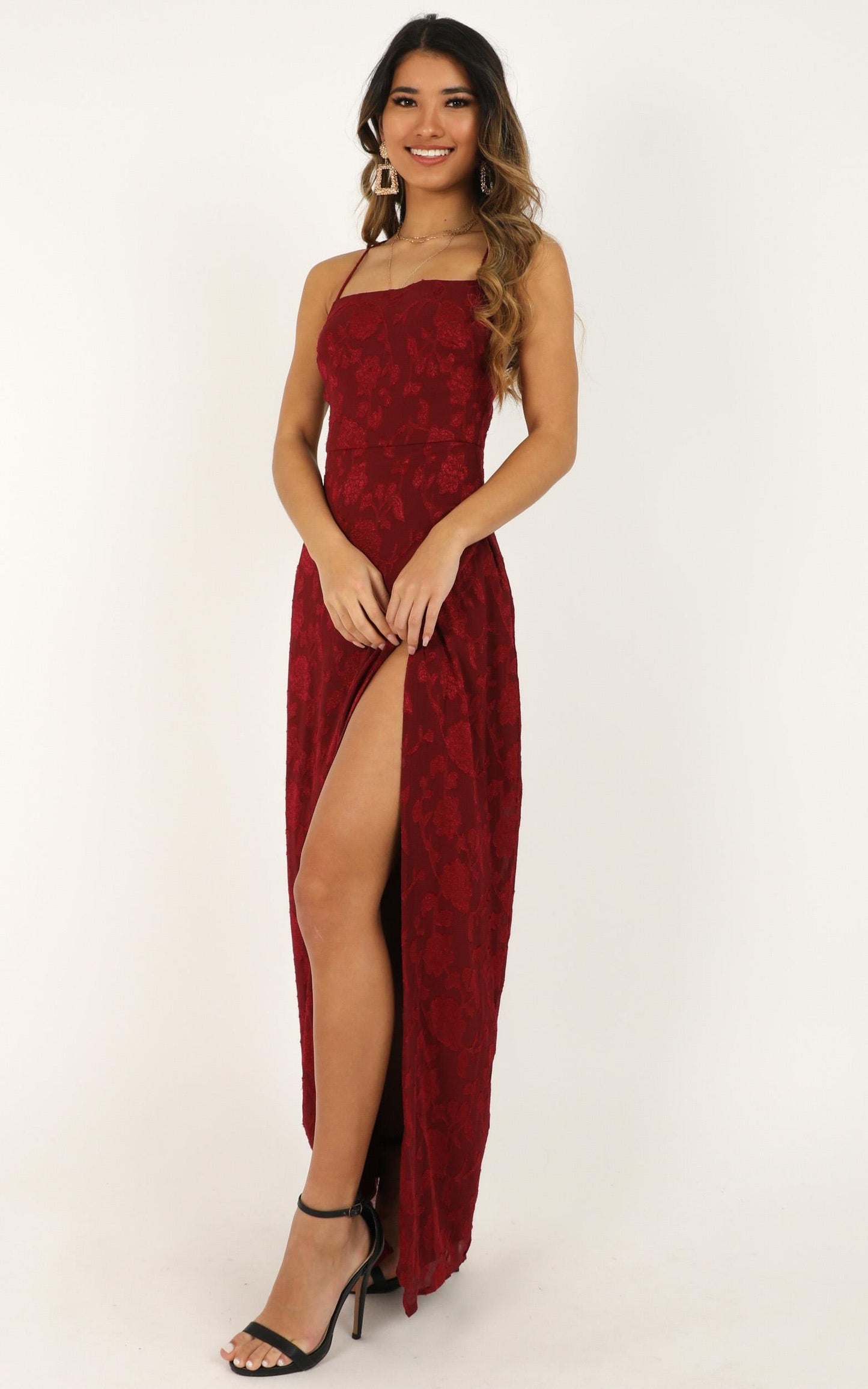They Crisscrossed Maxi Dress In Wine Jacquard
