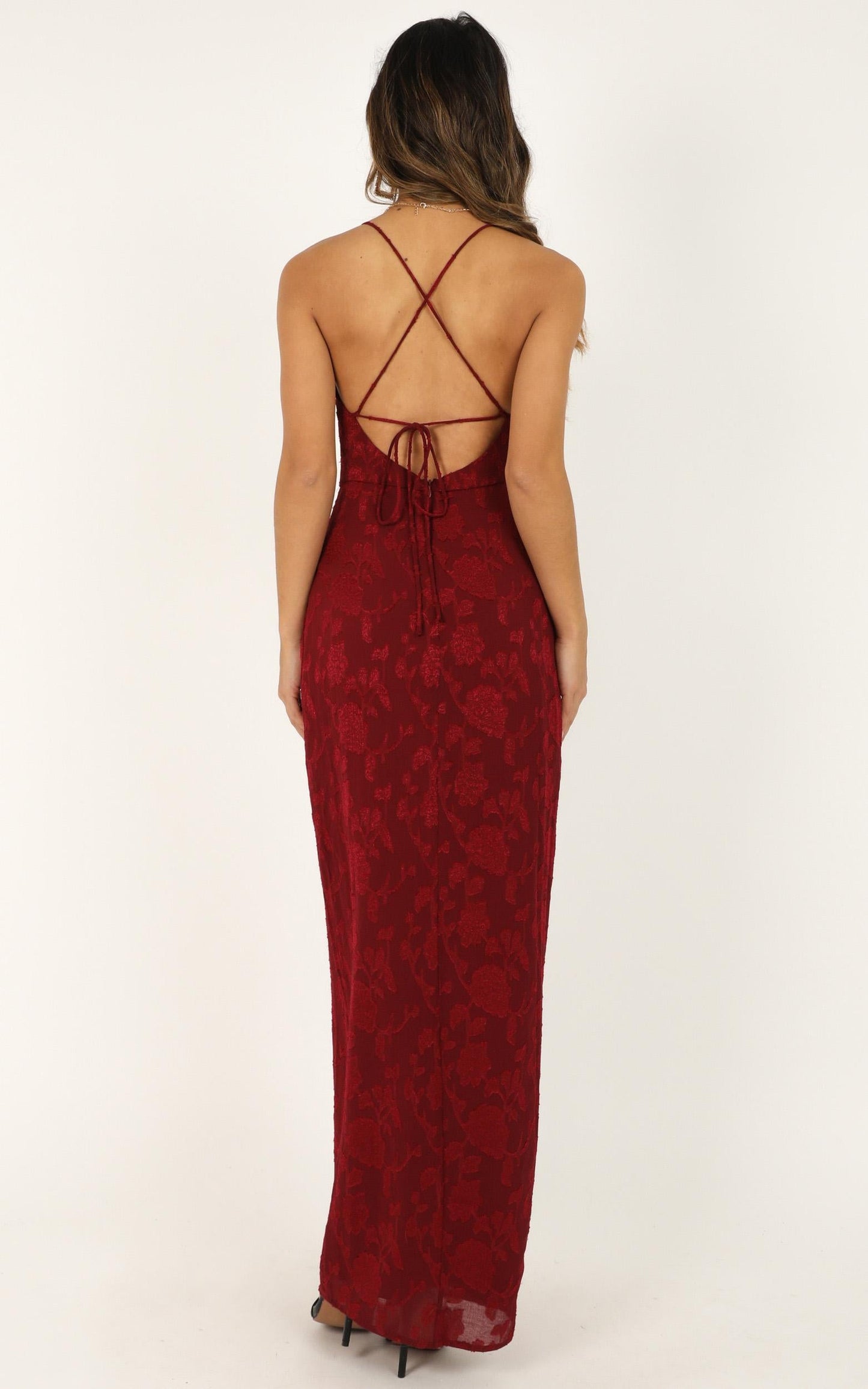 They Crisscrossed Maxi Dress In Wine Jacquard