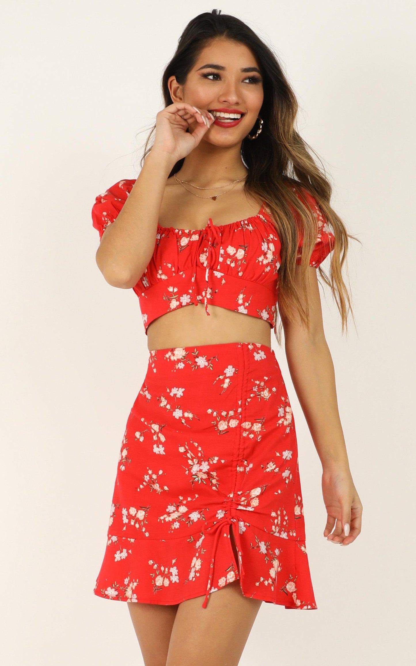 Bring The Flames Two Piece Set In Red Floral