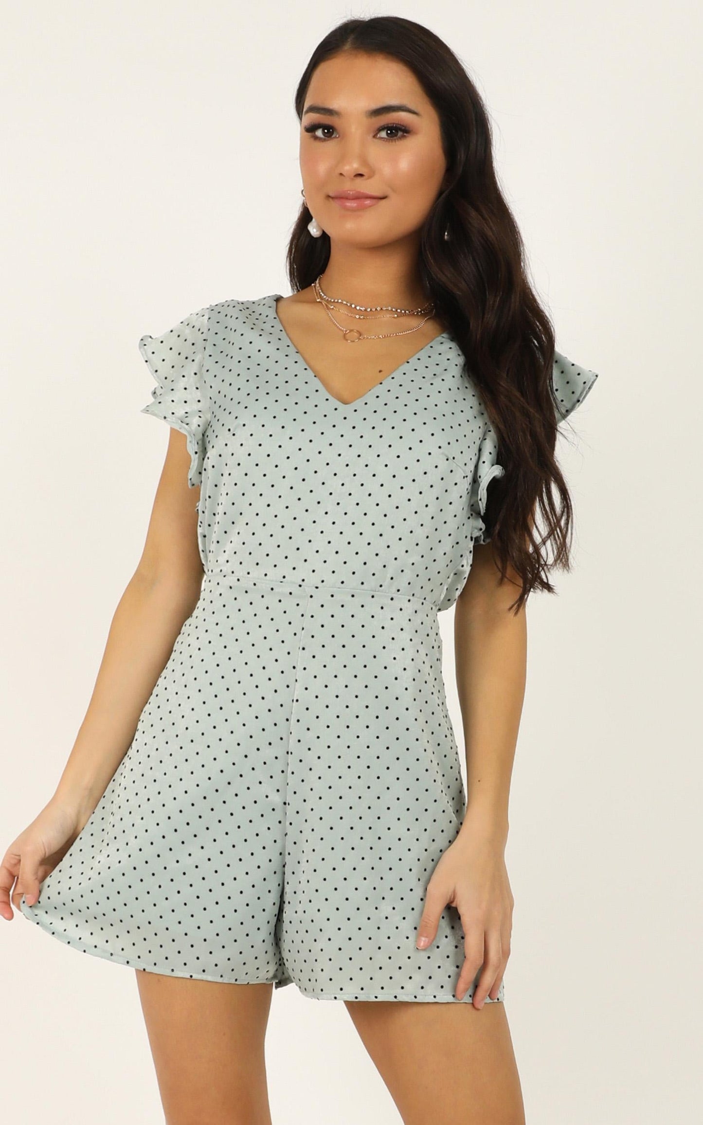 Dressed To The Nines Playsuit In Sage Spot Satin