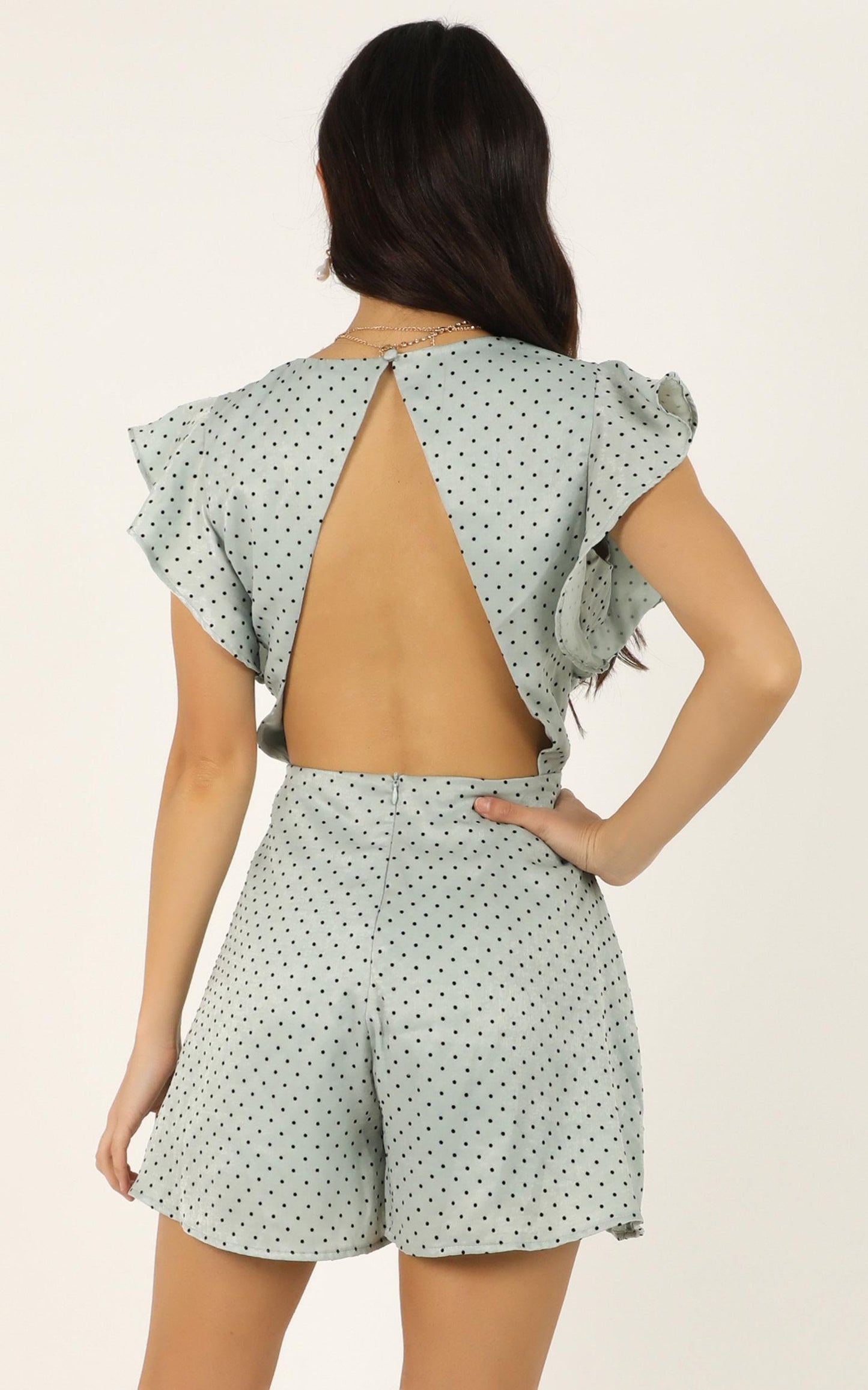 Dressed To The Nines Playsuit In Sage Spot Satin