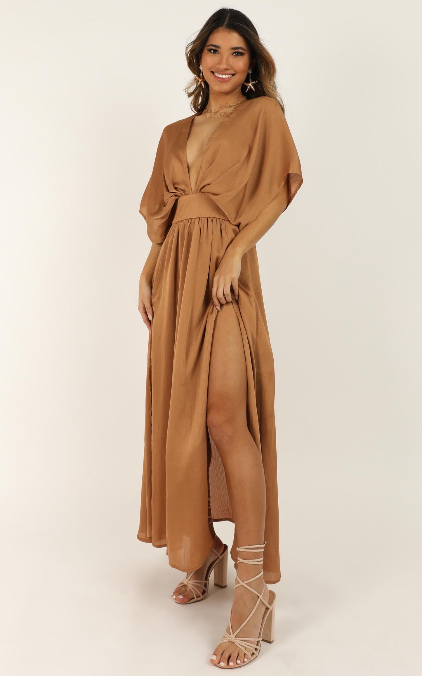 Save It For Later Dress in Camel Satin