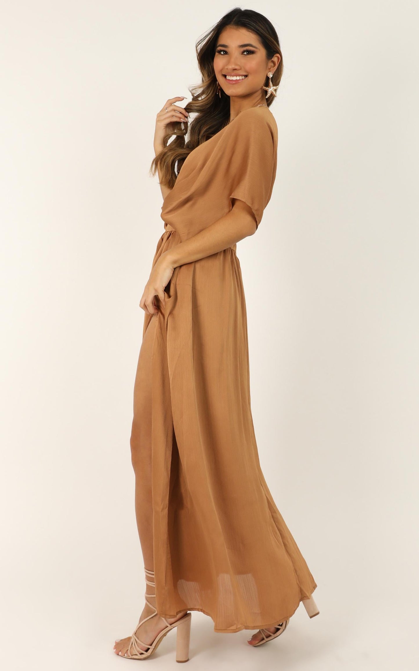 Save It For Later Dress in Camel Satin