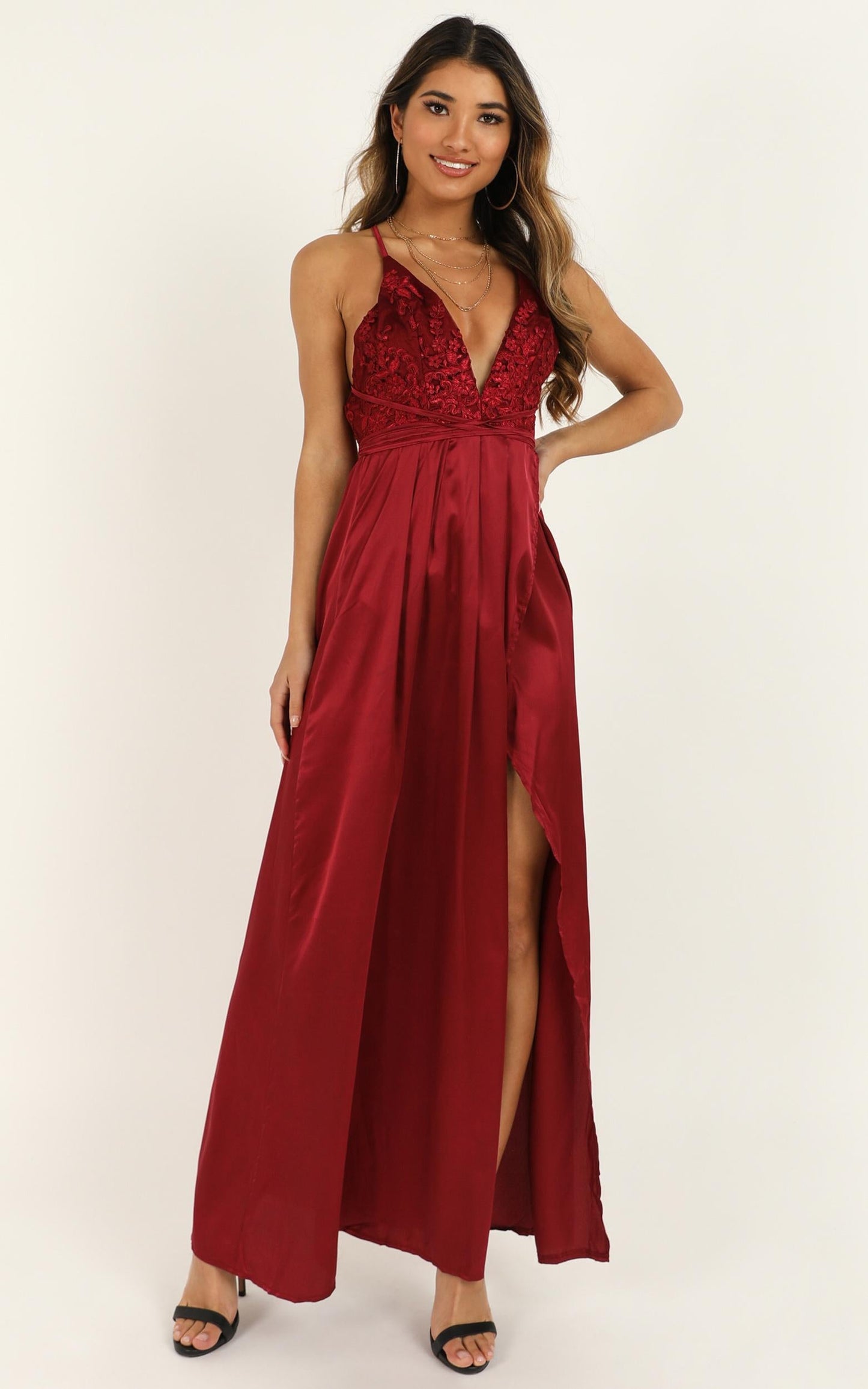 Tied To You Dress In Wine Satin