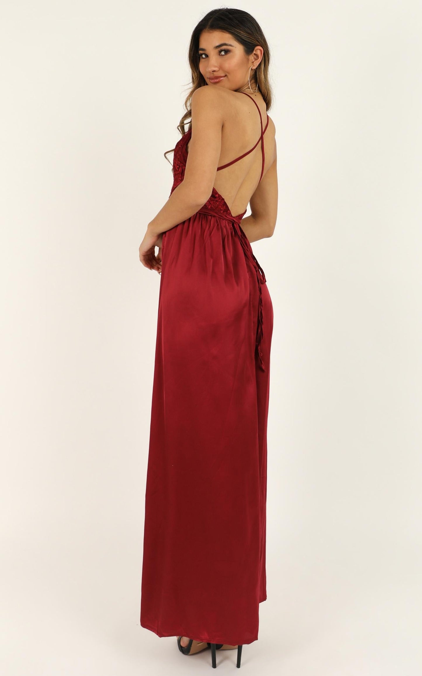 Tied To You Dress In Wine Satin