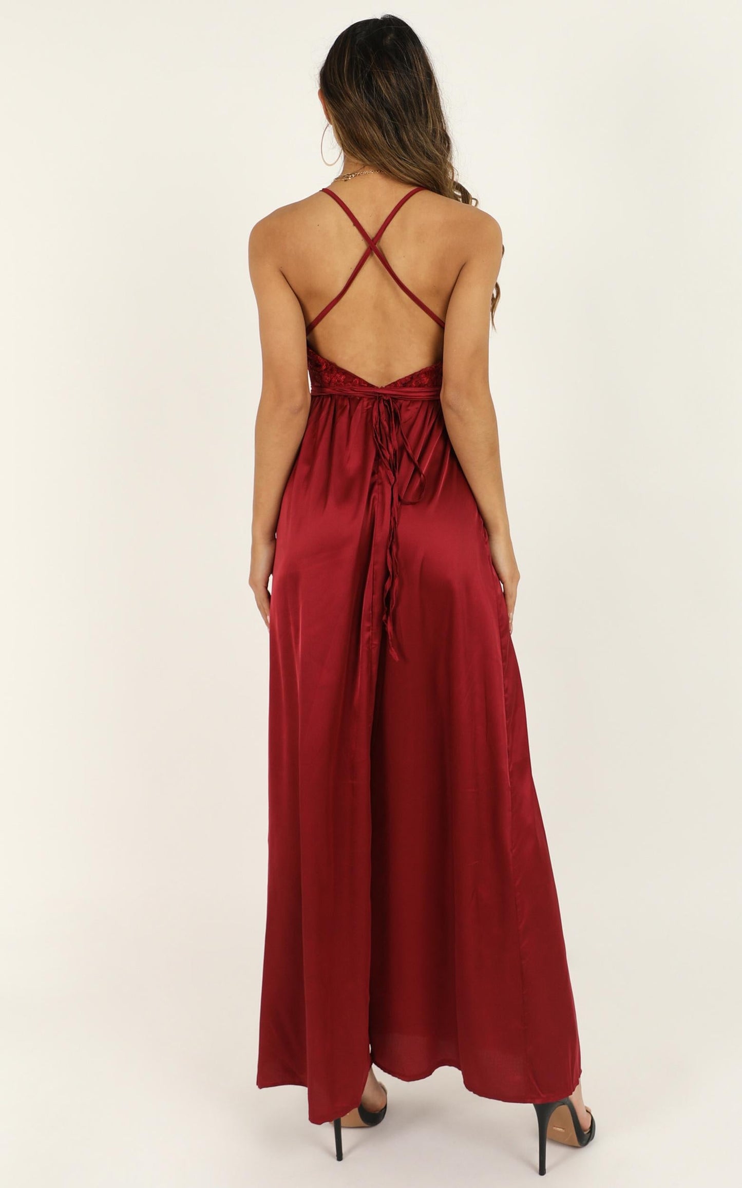 Tied To You Dress In Wine Satin