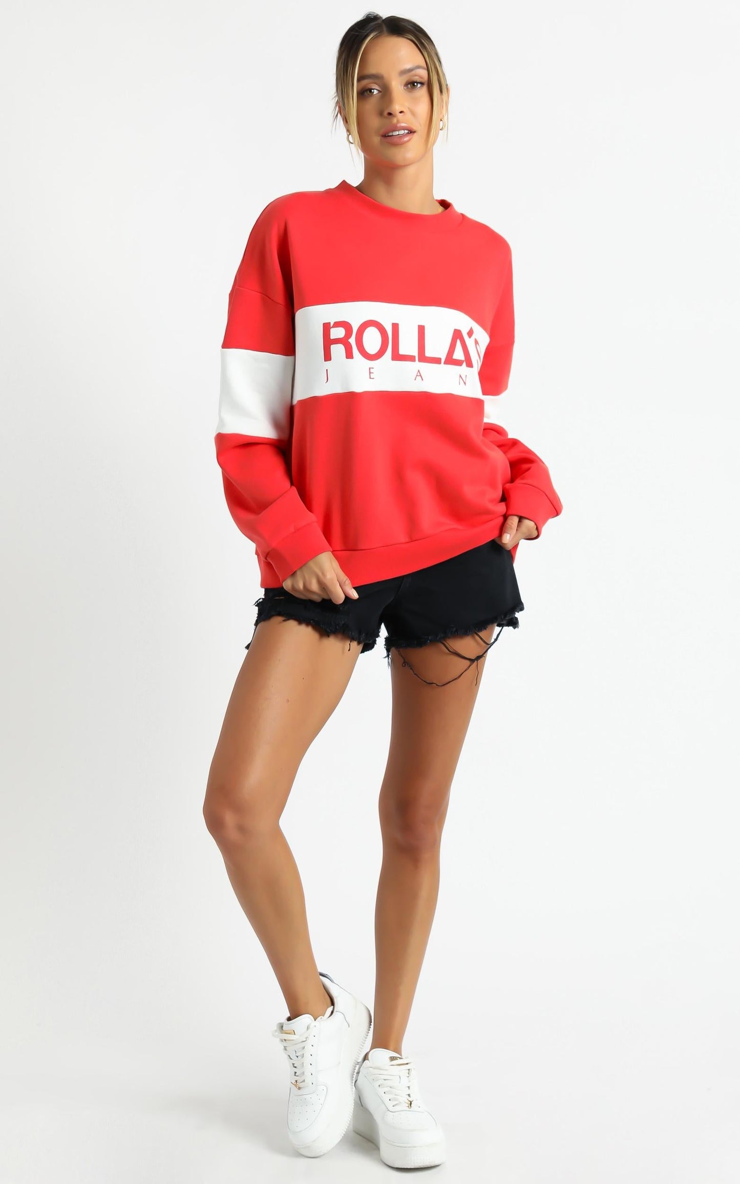 Rollas - Logo Split Sweater in Faded Red