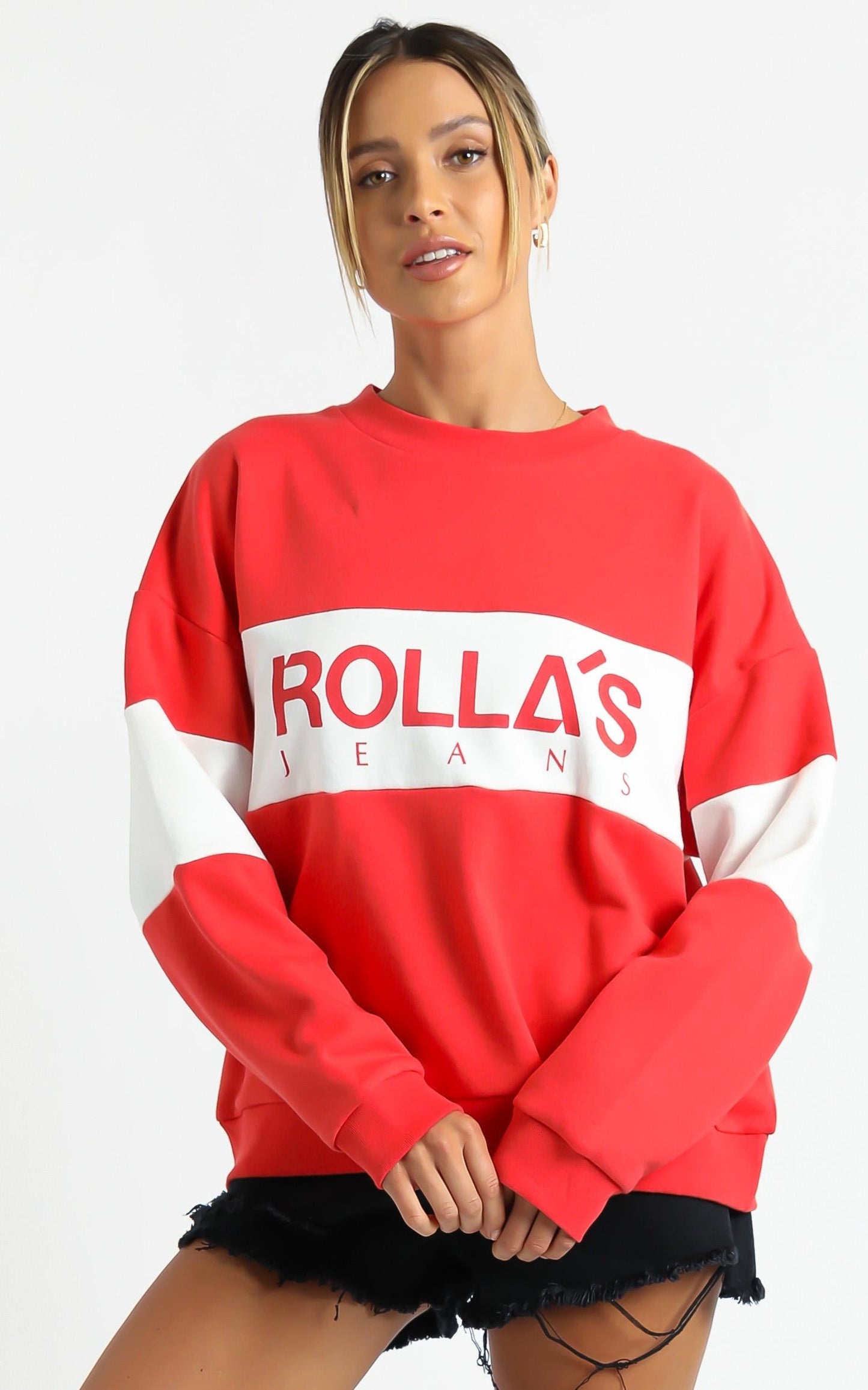 Rollas - Logo Split Sweater in Faded Red
