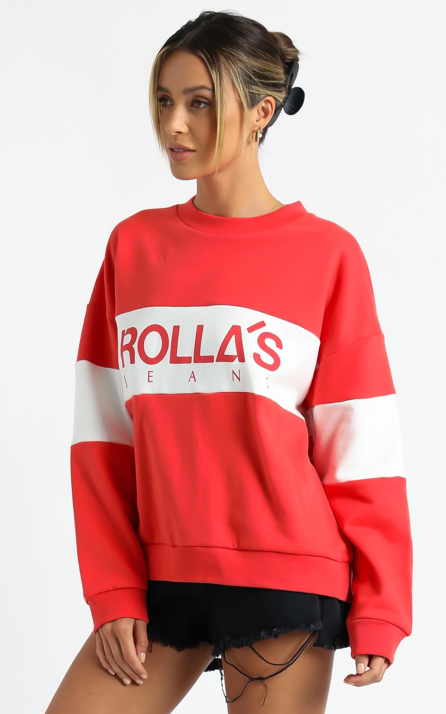 Rollas - Logo Split Sweater in Faded Red