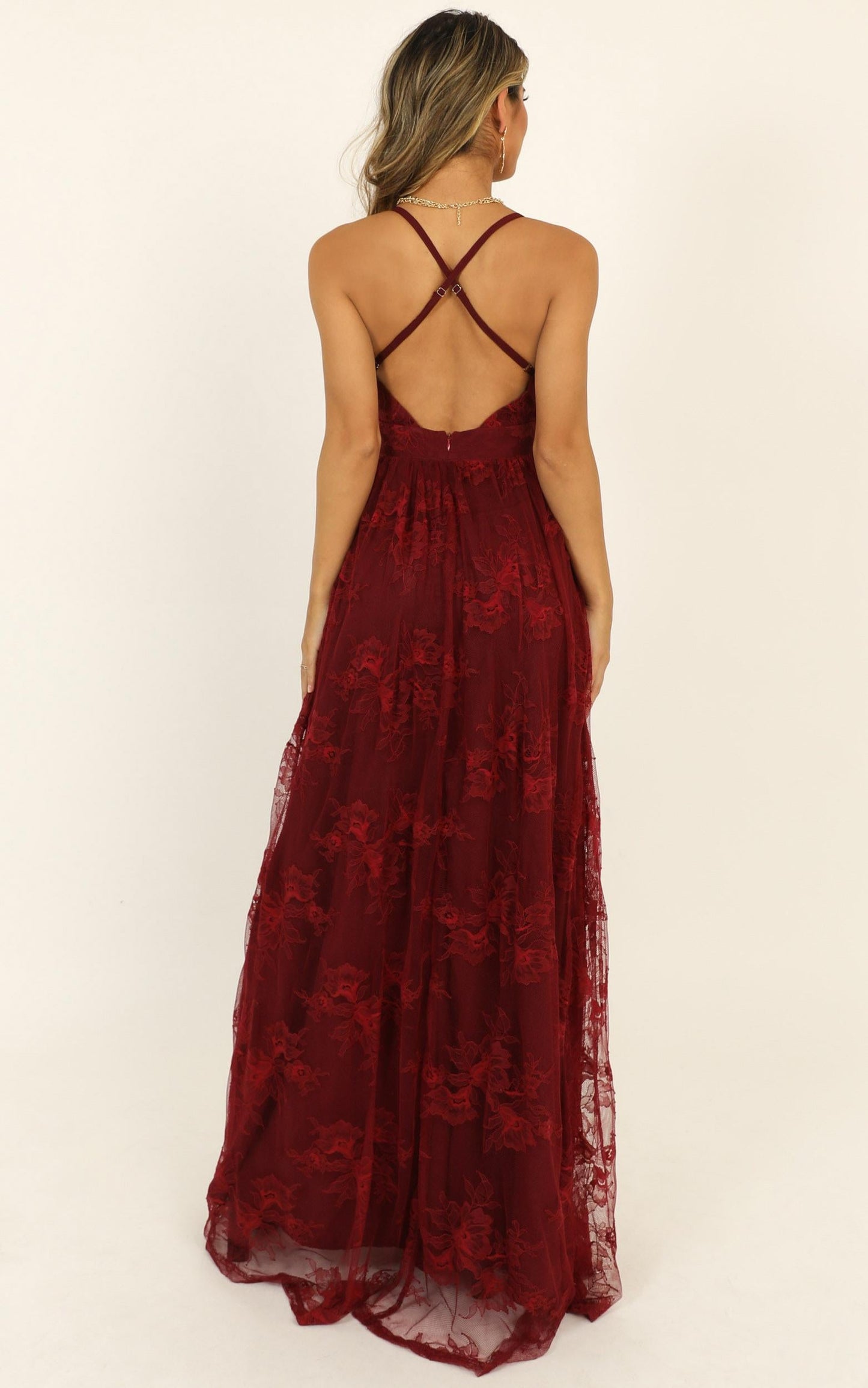 Prom Loving Plunge Maxi Dress in Wine Lace