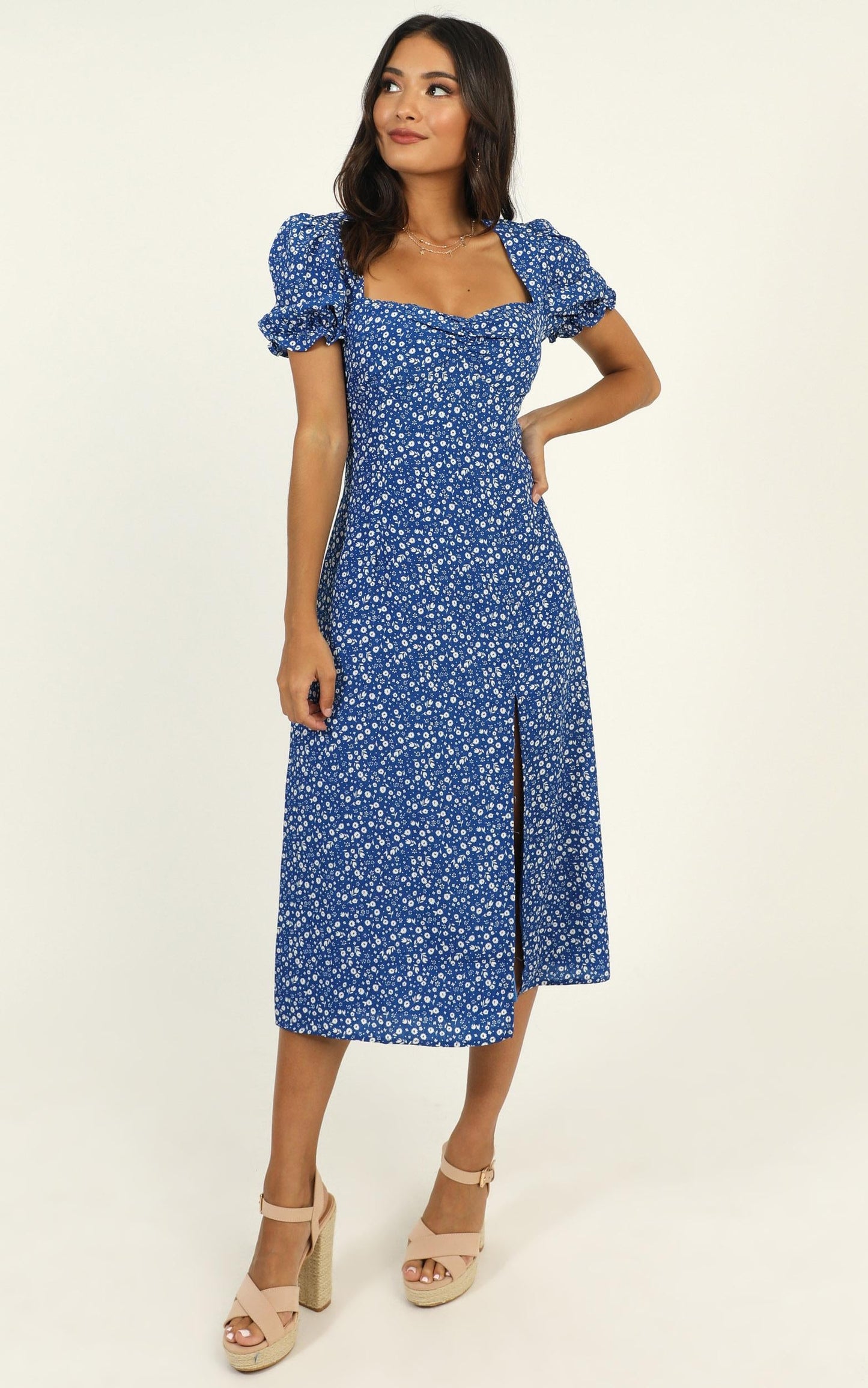 Stay Committed Dress In Blue Floral