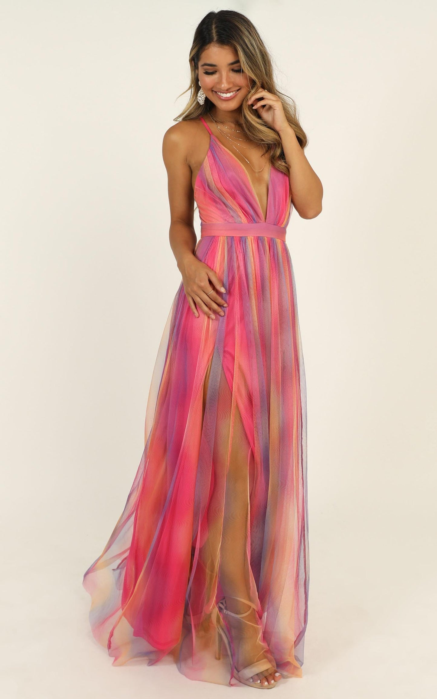 Sweet Romance Mesh Maxi Dress In Pink Multi