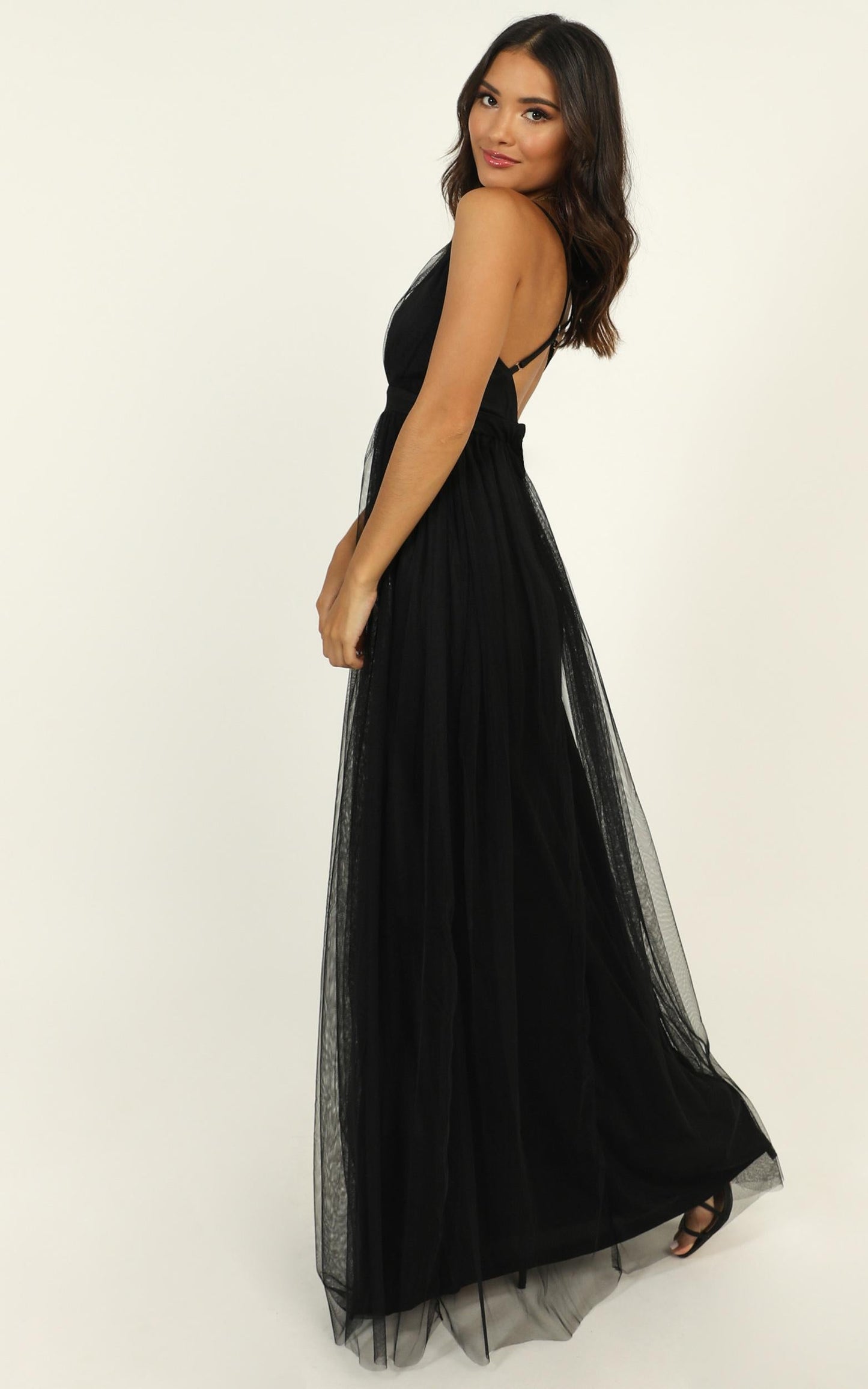 Like A Vision Plunge Maxi Dress in Black Tulle
