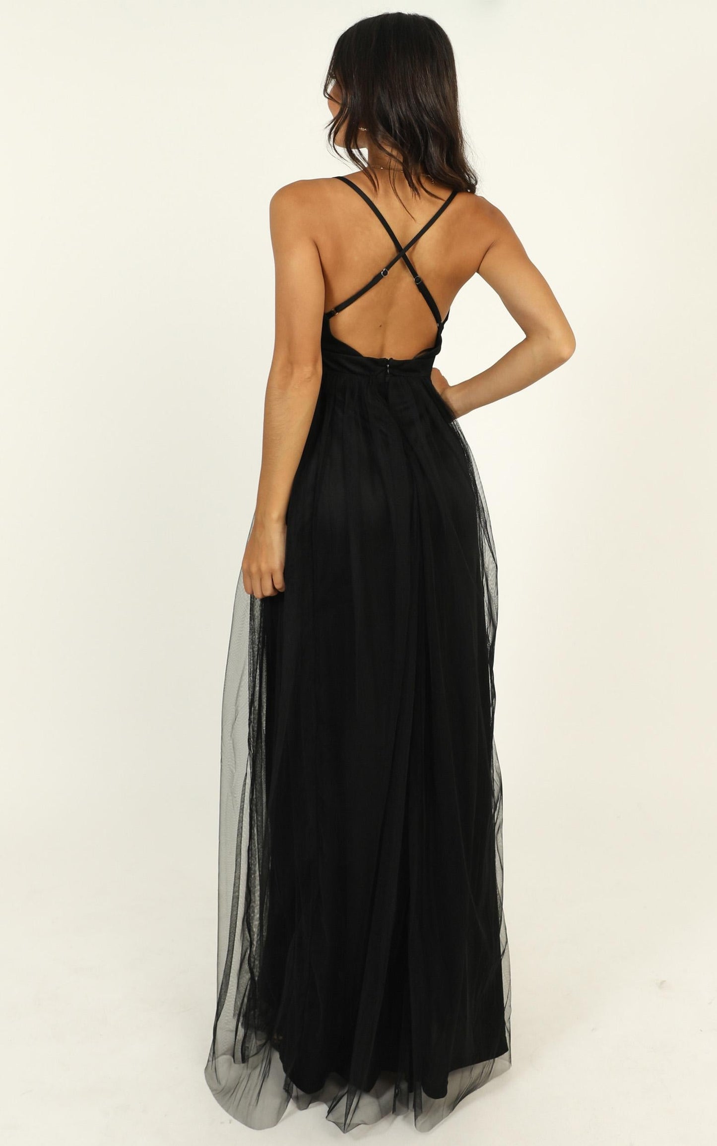 Like A Vision Plunge Maxi Dress in Black Tulle