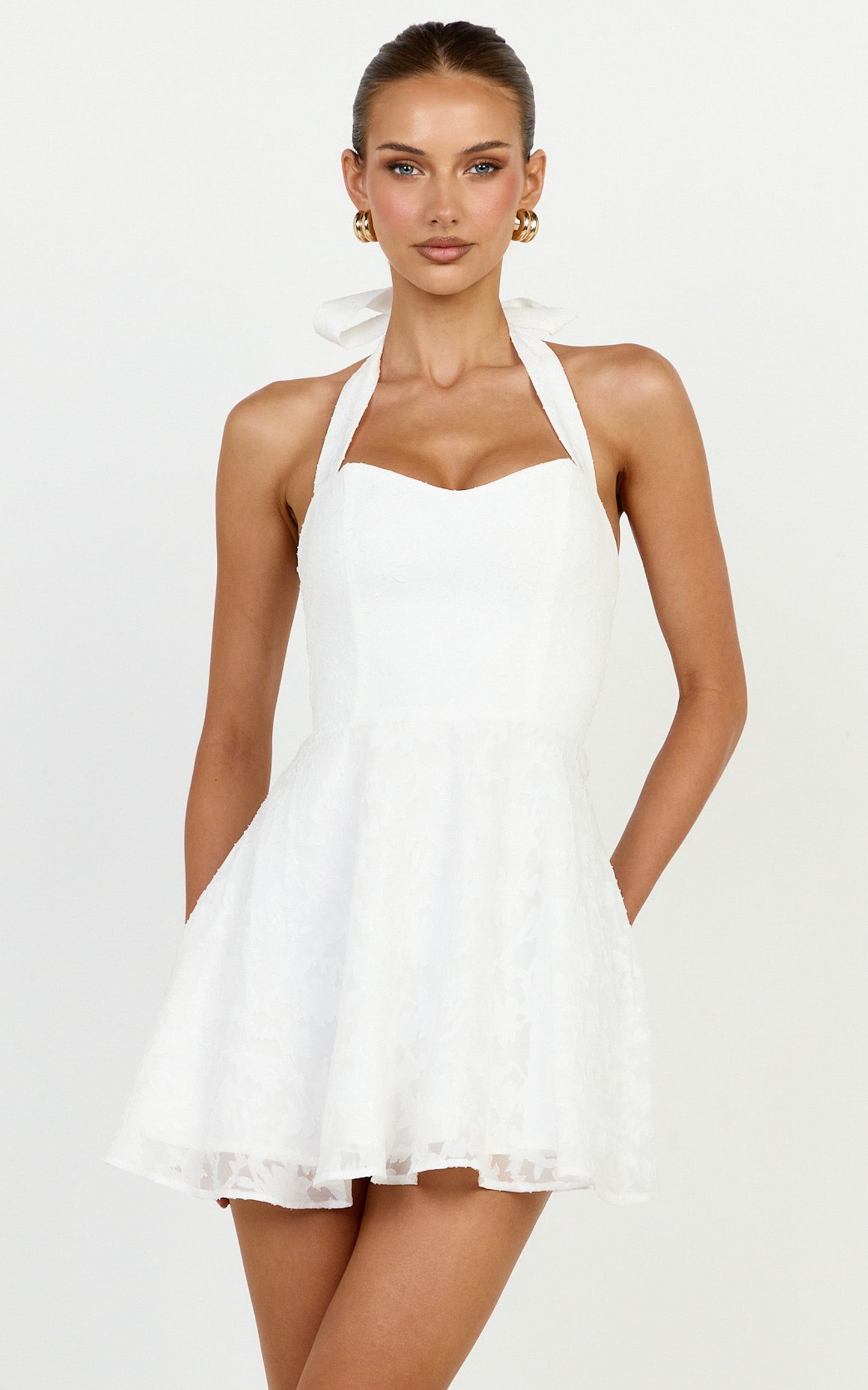 Seraphina Mini Dress - Halter Neck Clipped Jacquard Dress in White