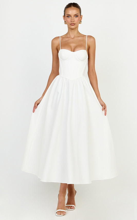 Seren Maxi Dress - Corset Bodice Fit And Flare Dress in White