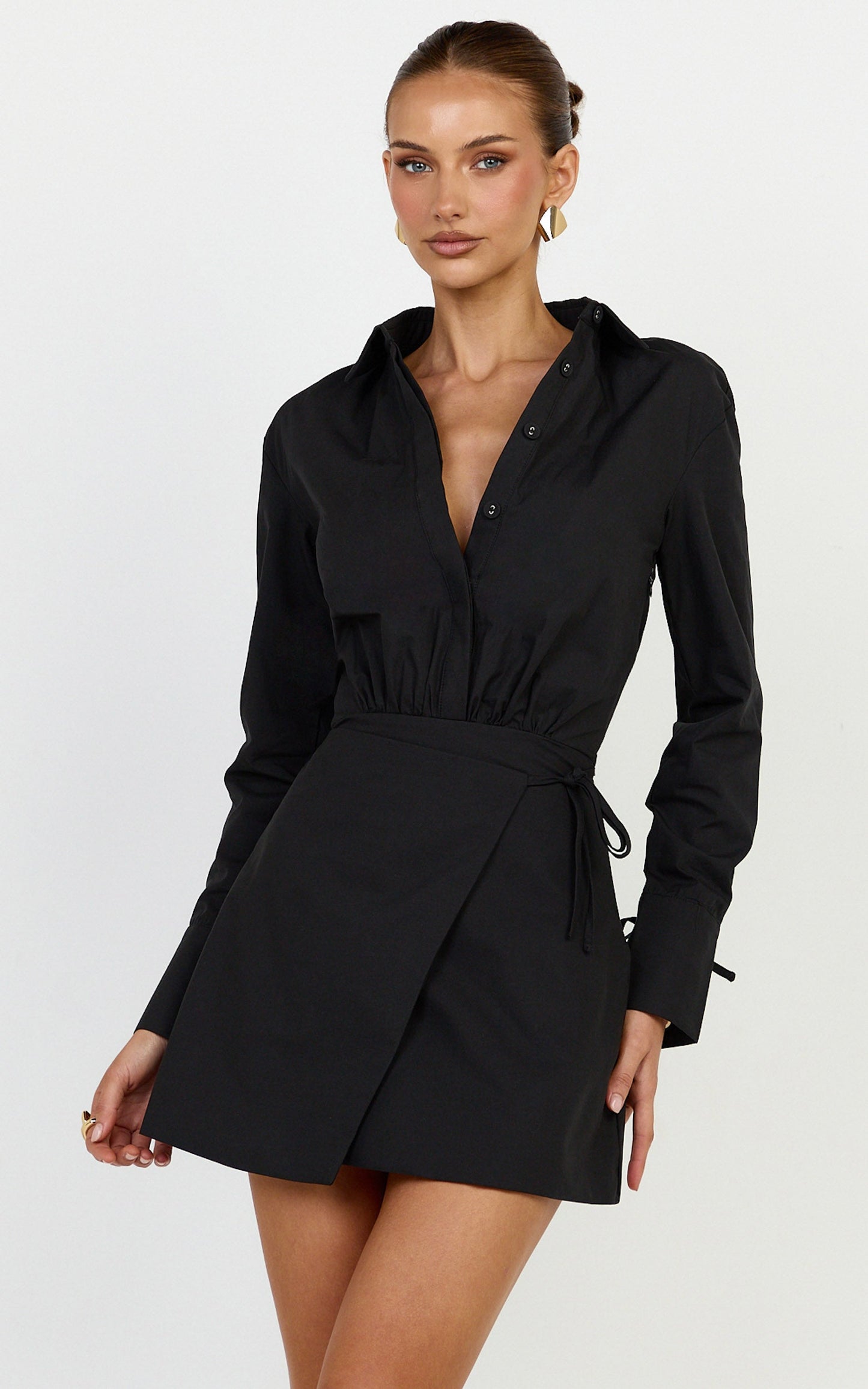 Heath Mini Dress - Collared Button Up Shirt Dress in Black