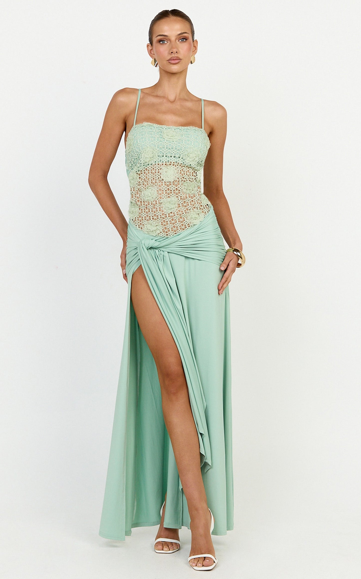 Nerissa Maxi Dress - Crochet Floral Embellished Bodice Drop Tie Waist Dress in Sage