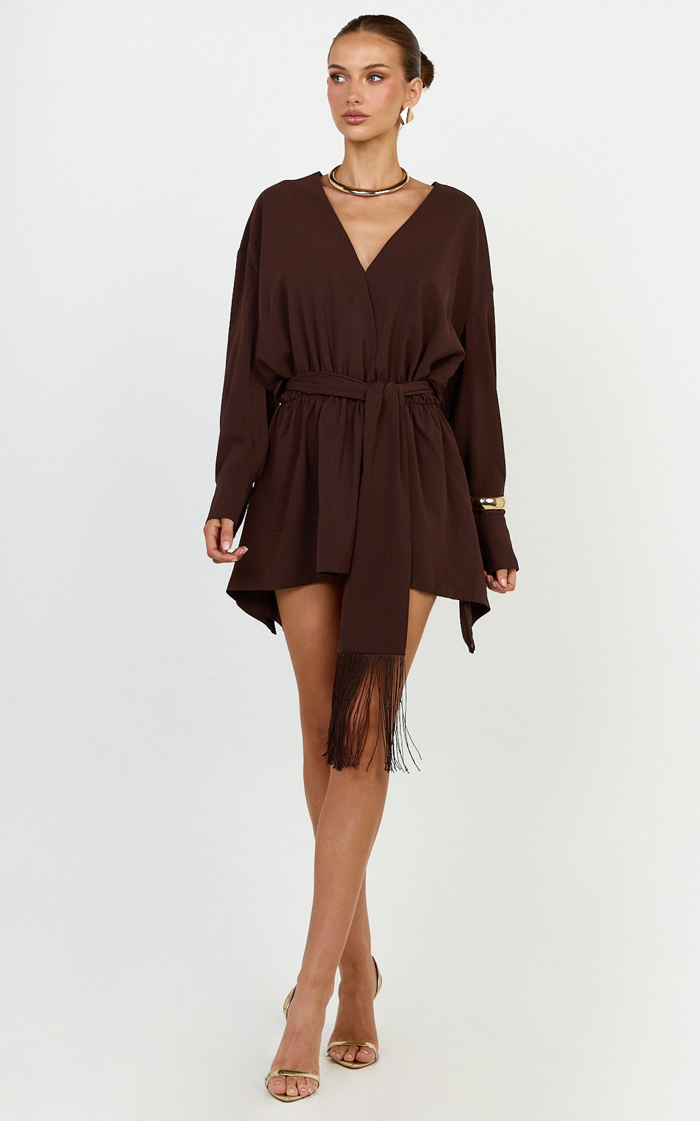 Ariette Mini Dress - Plunge Neck Tassel Detail Belt Dress in Chocolate