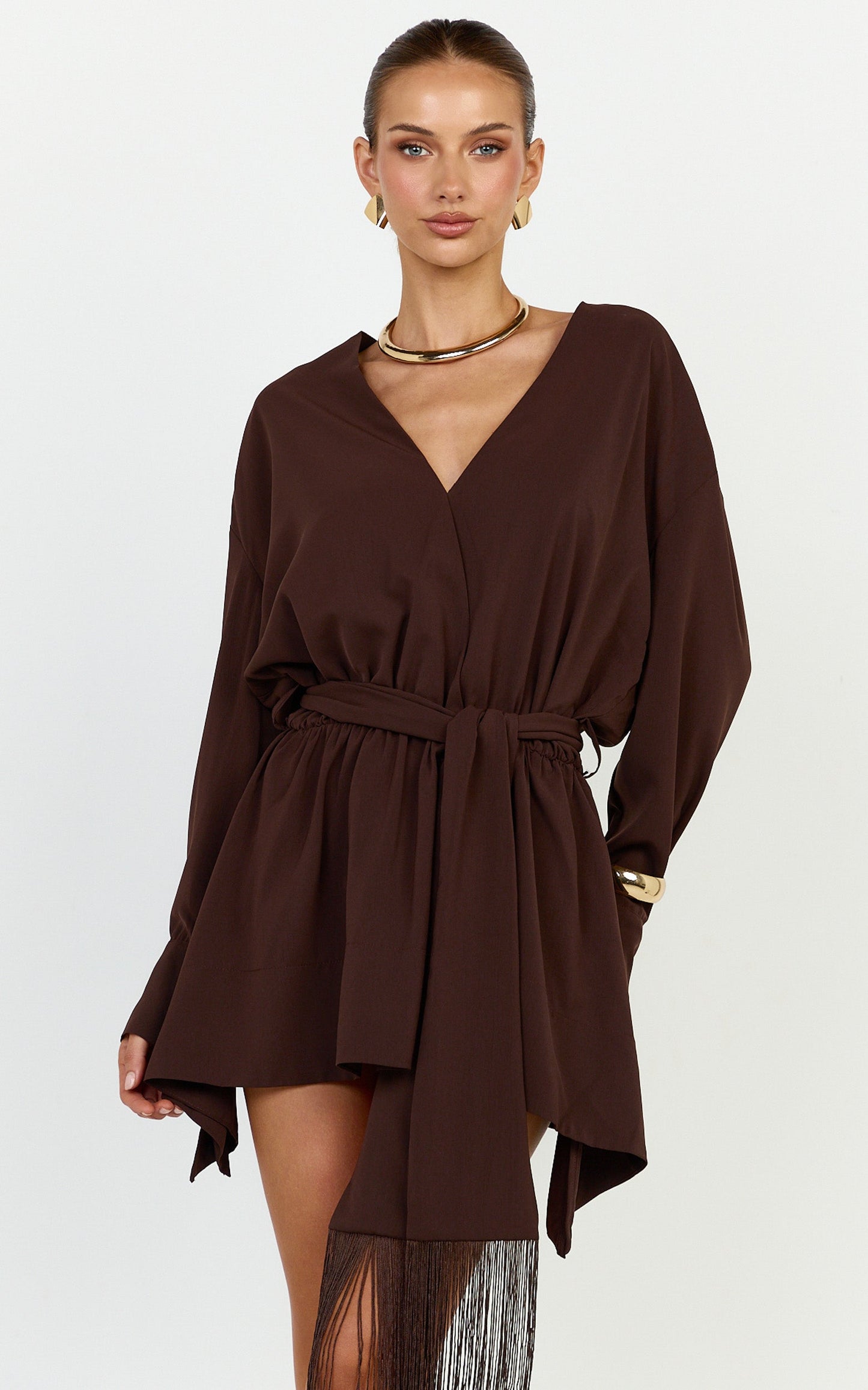 Ariette Mini Dress - Plunge Neck Tassel Detail Belt Dress in Chocolate