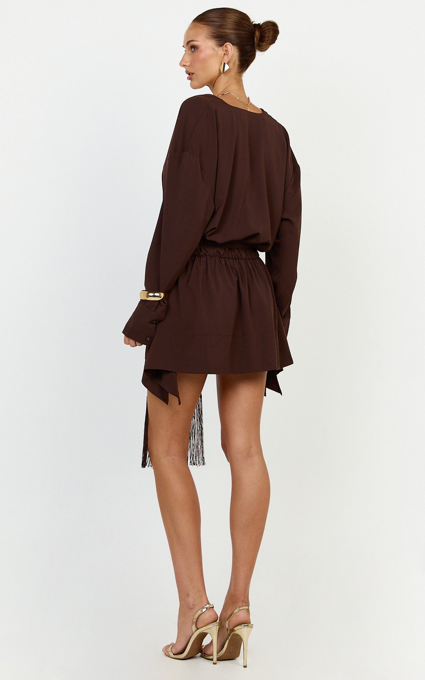 Ariette Mini Dress - Plunge Neck Tassel Detail Belt Dress in Chocolate
