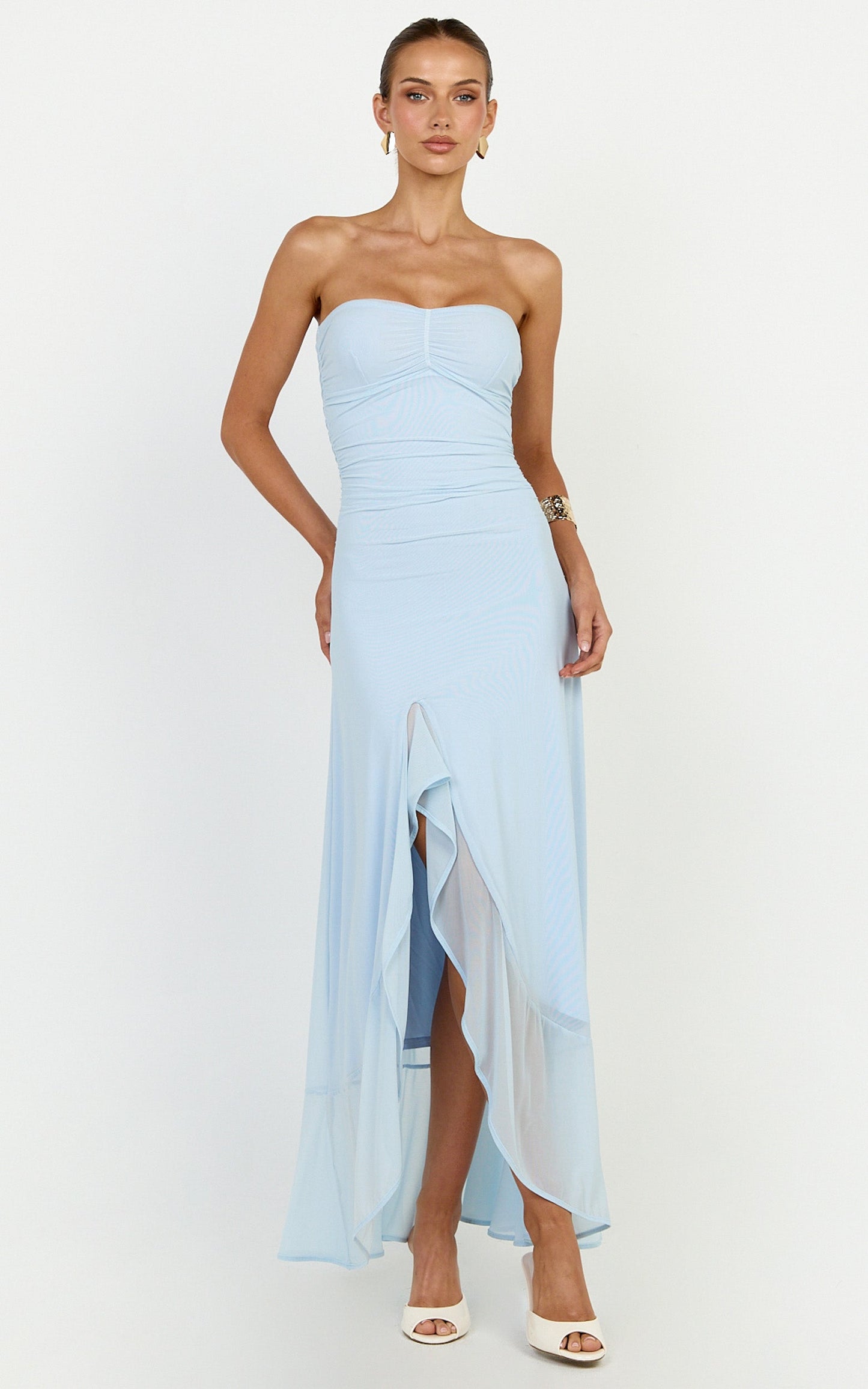 Oceana Maxi Dress - Strapless Sweetheart Neckline Mesh Dress in Blue
