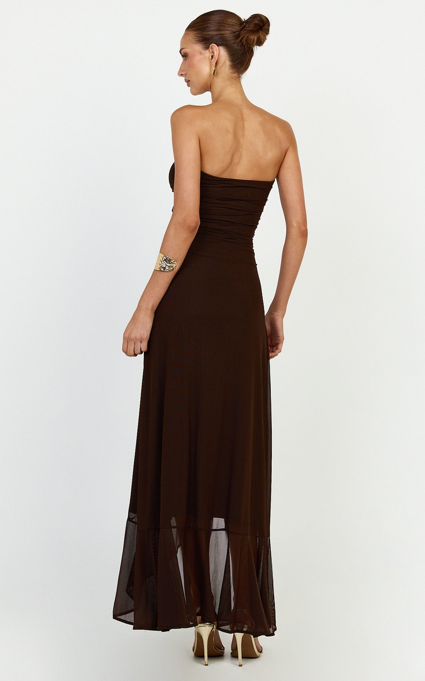 Oceana Maxi Dress - Strapless Sweetheart Neckline Mesh Dress in Chocolate