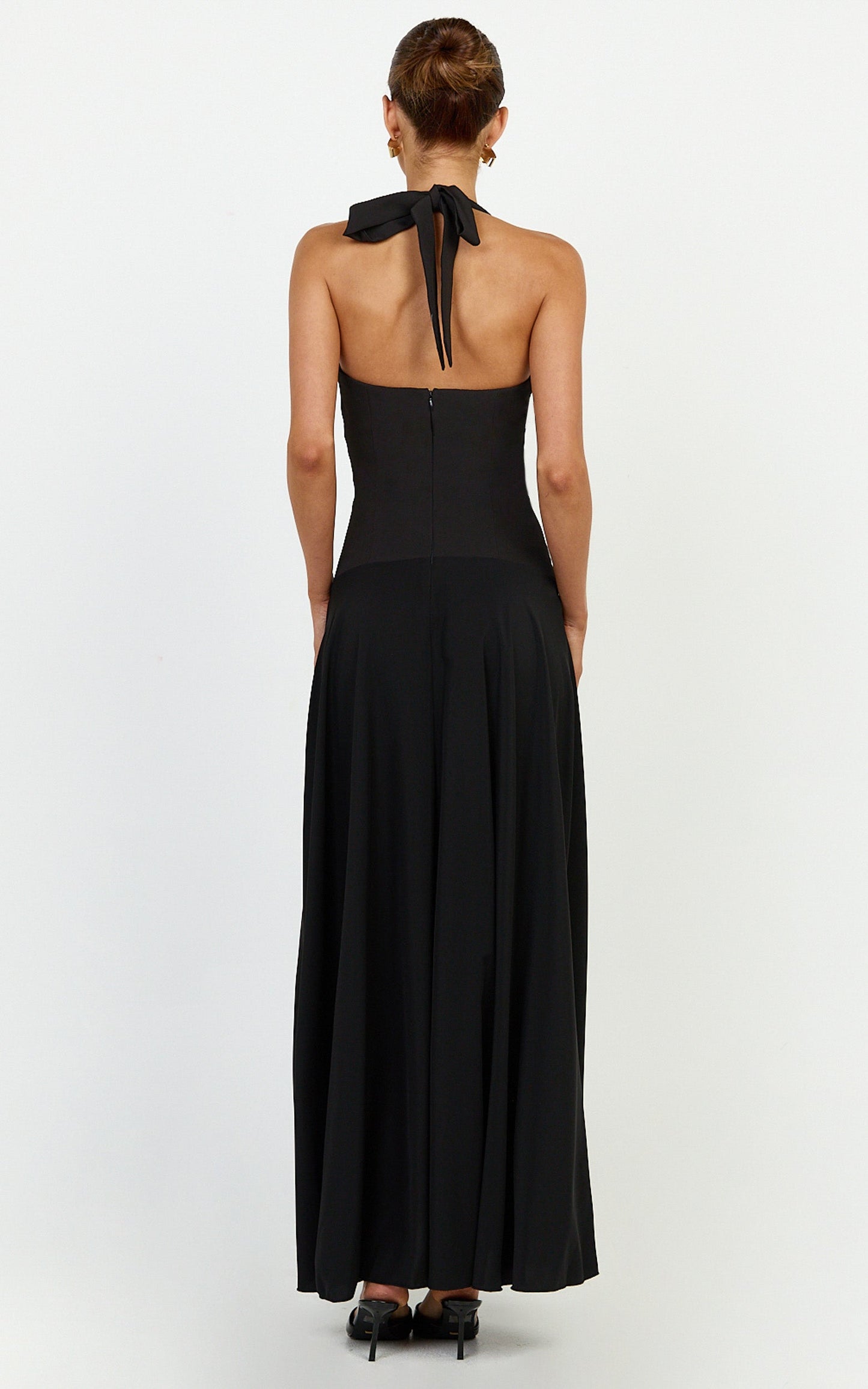 Poppy Maxi Dress - Contrast Skirt Deep Plunge Halter Dress in Black