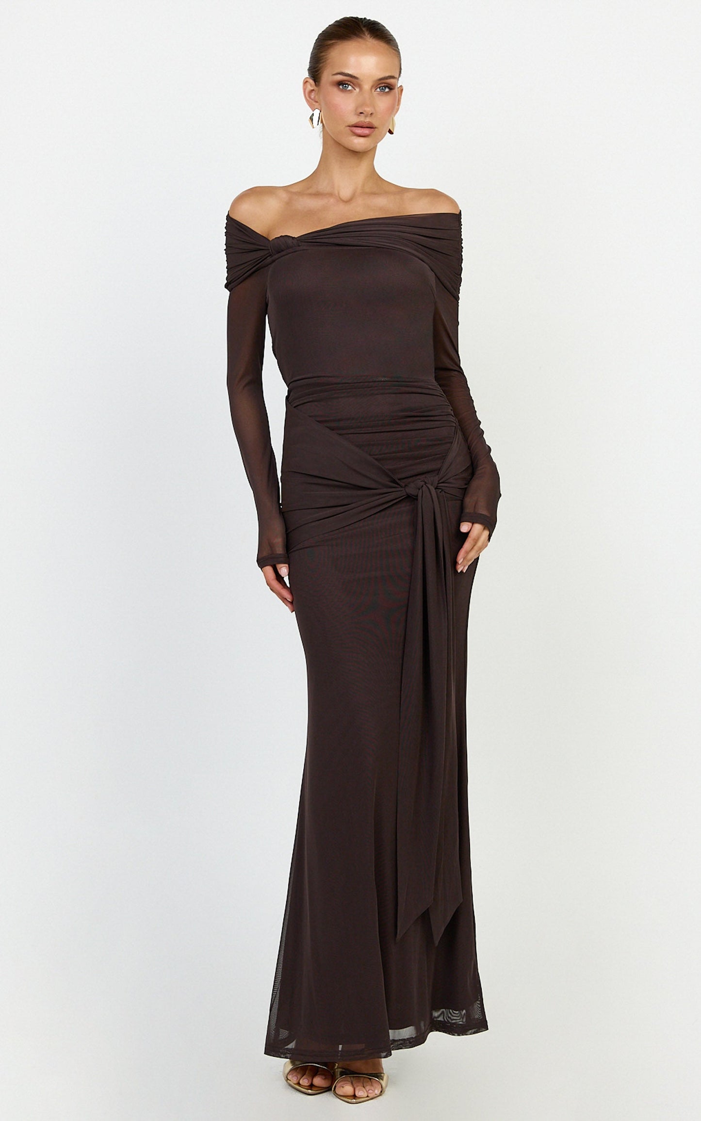 Waverly Maxi Dress - Long Sleeve Off Shoulder Dress in Chocolate