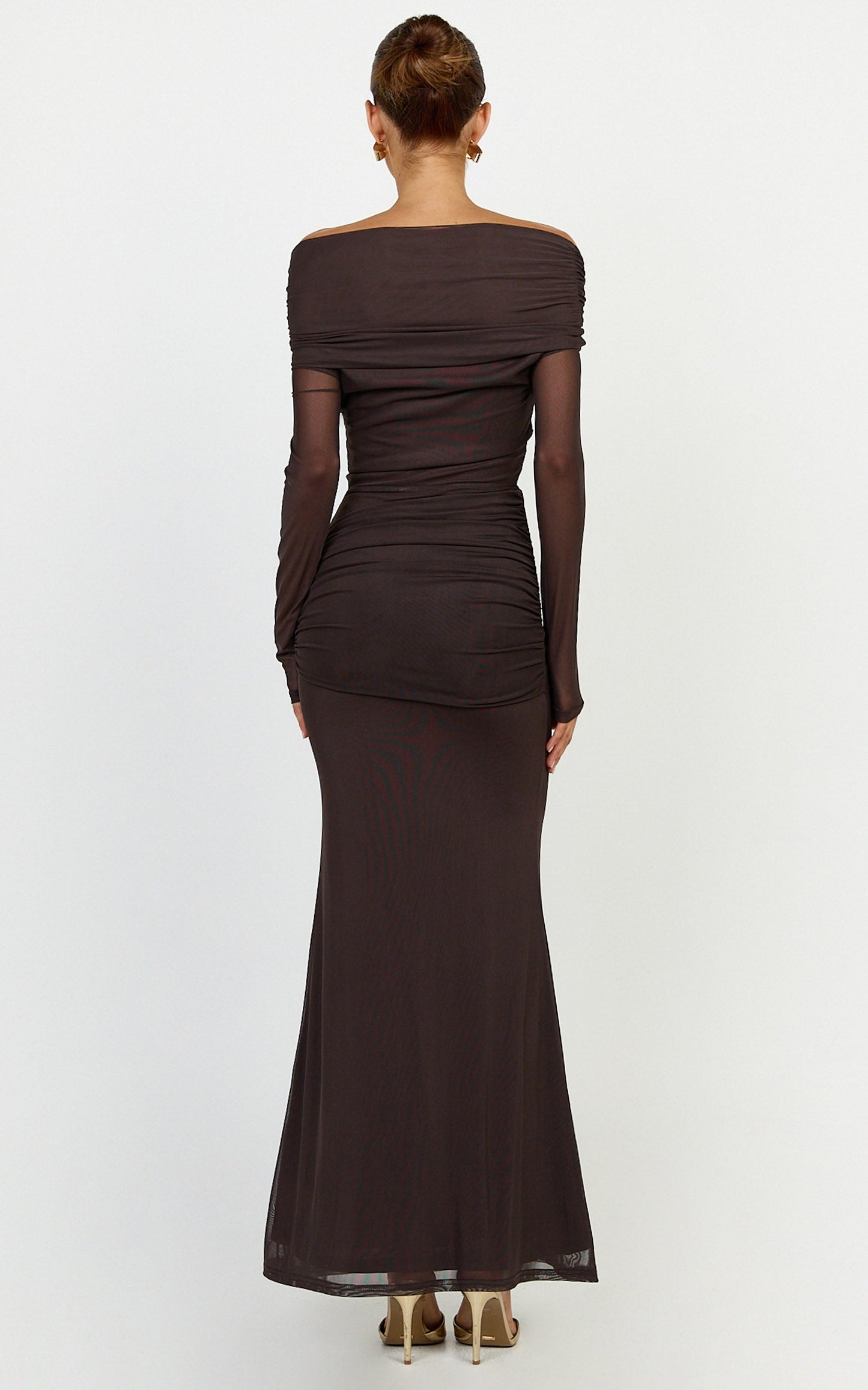 Waverly Maxi Dress - Long Sleeve Off Shoulder Dress in Chocolate