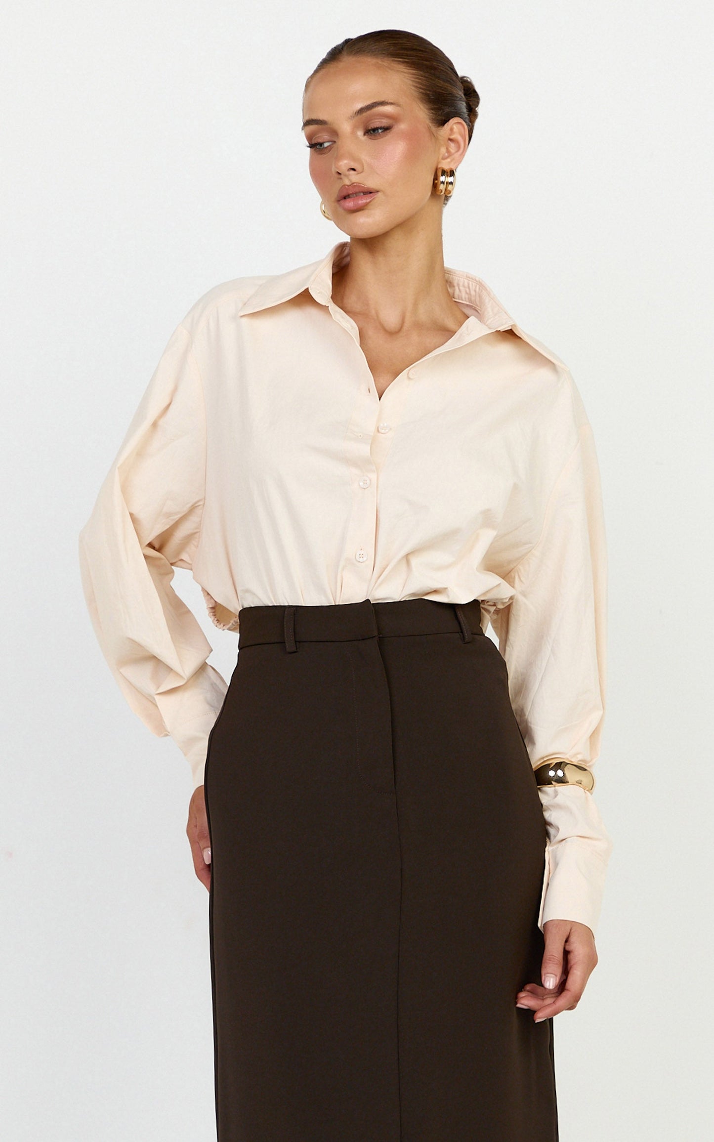 Kalpena Shirt - Ruched Side Oversized Shirt in Neutral