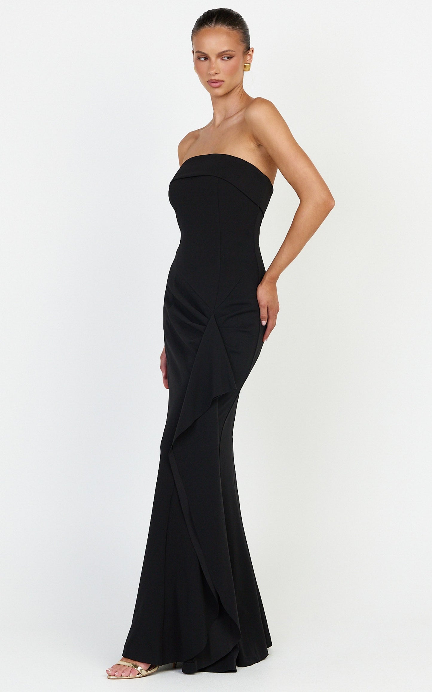 Leda Maxi Dress - Strapless Waterfall Sash Dress in Black