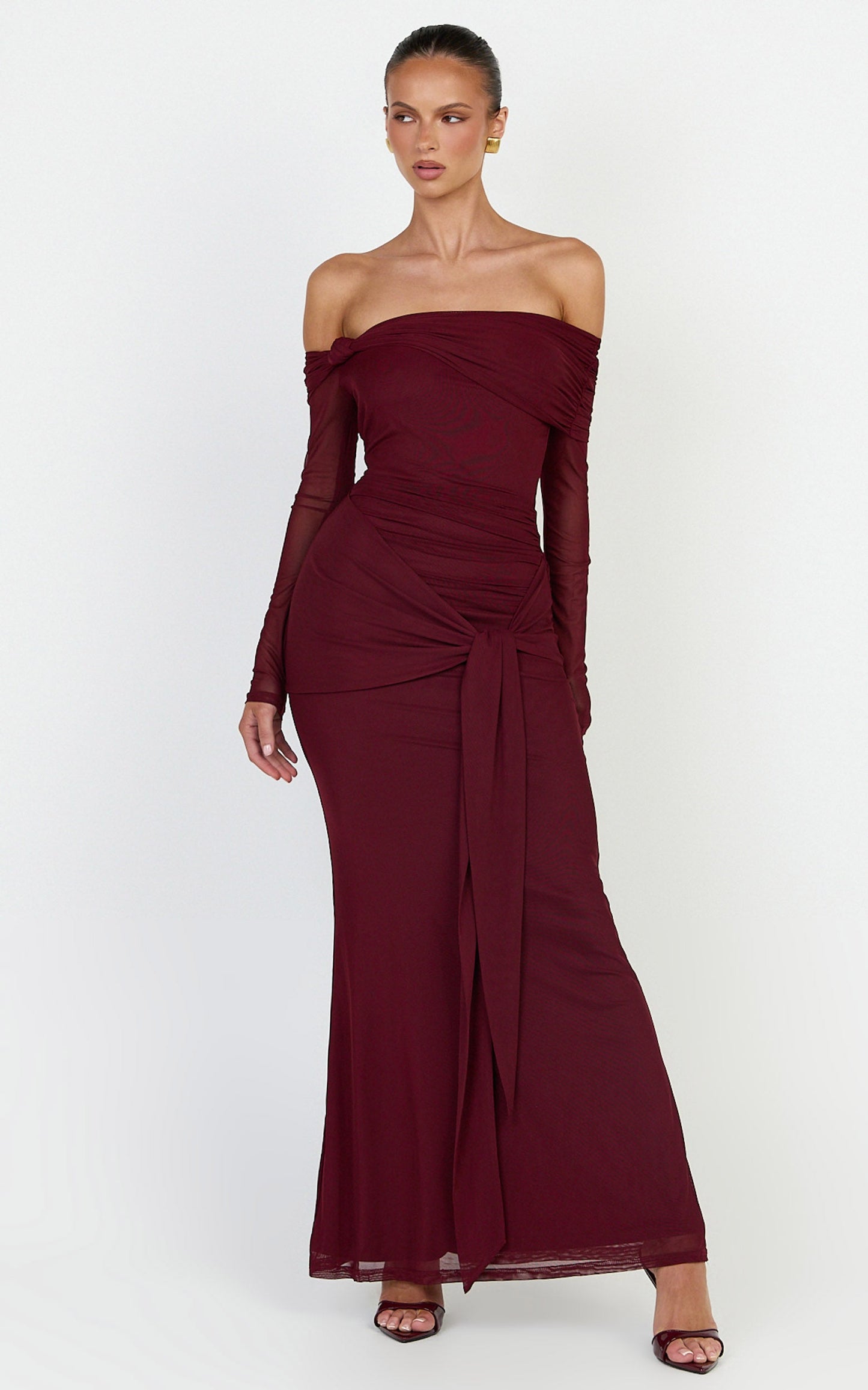 Waverly Maxi Dress - Long Sleeve Off Shoulder Dress in Wine