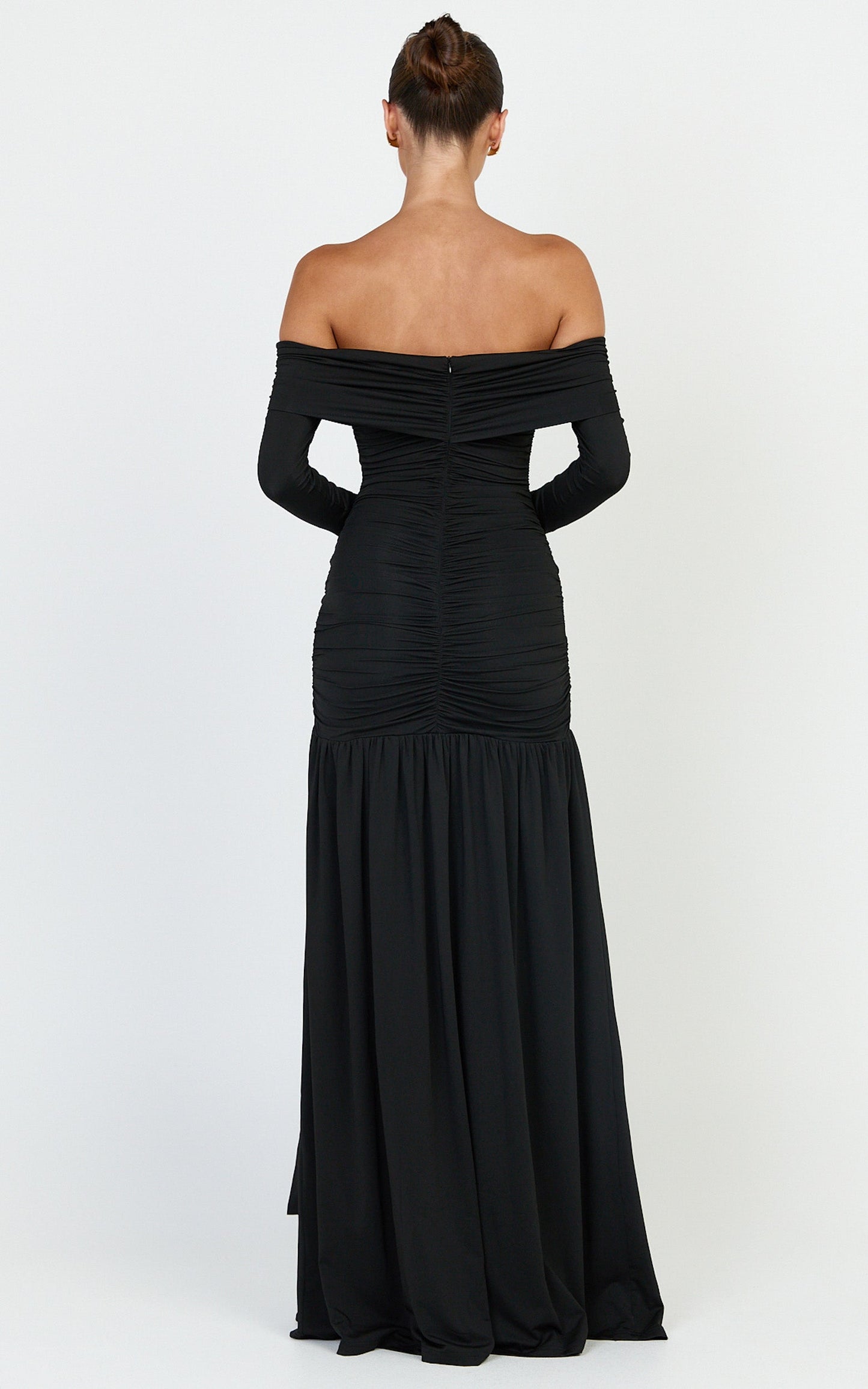 Amaya Maxi Dress - Off Shoulder Draped Long Sleeve Dress in Black