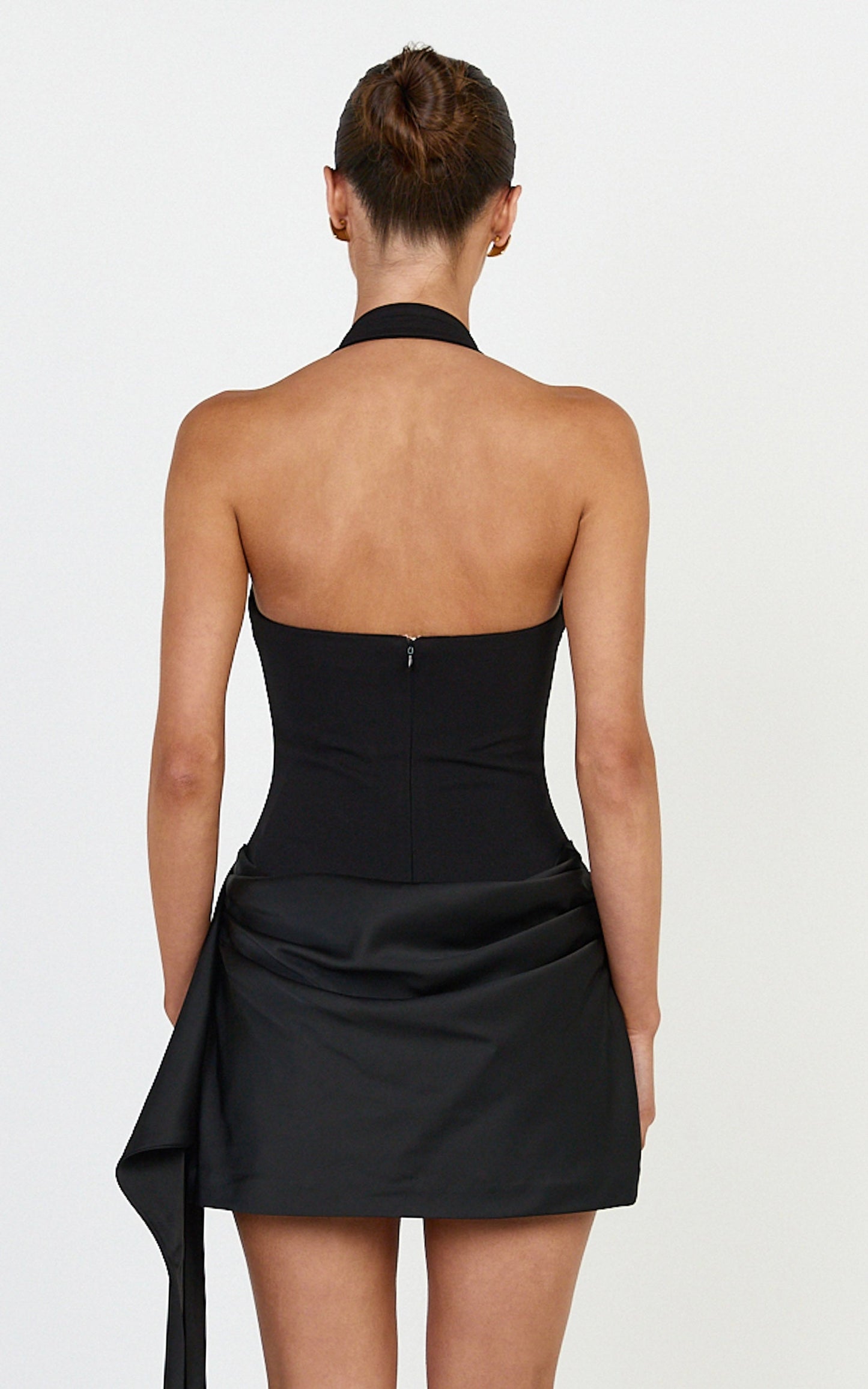 Coralie Mini Dress - Contrast Drape Skirt Halter Dress in Black