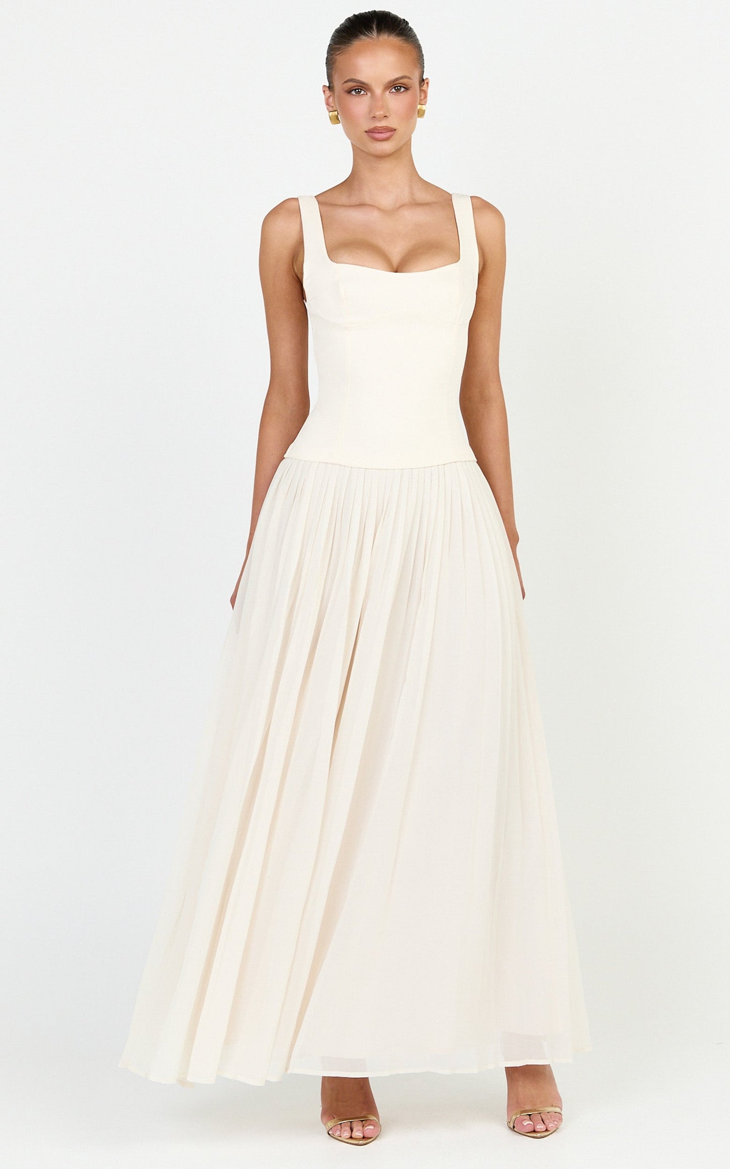 Amoura Maxi Dress - Square Neck Contrast Pleated Georgette Dress in Cream