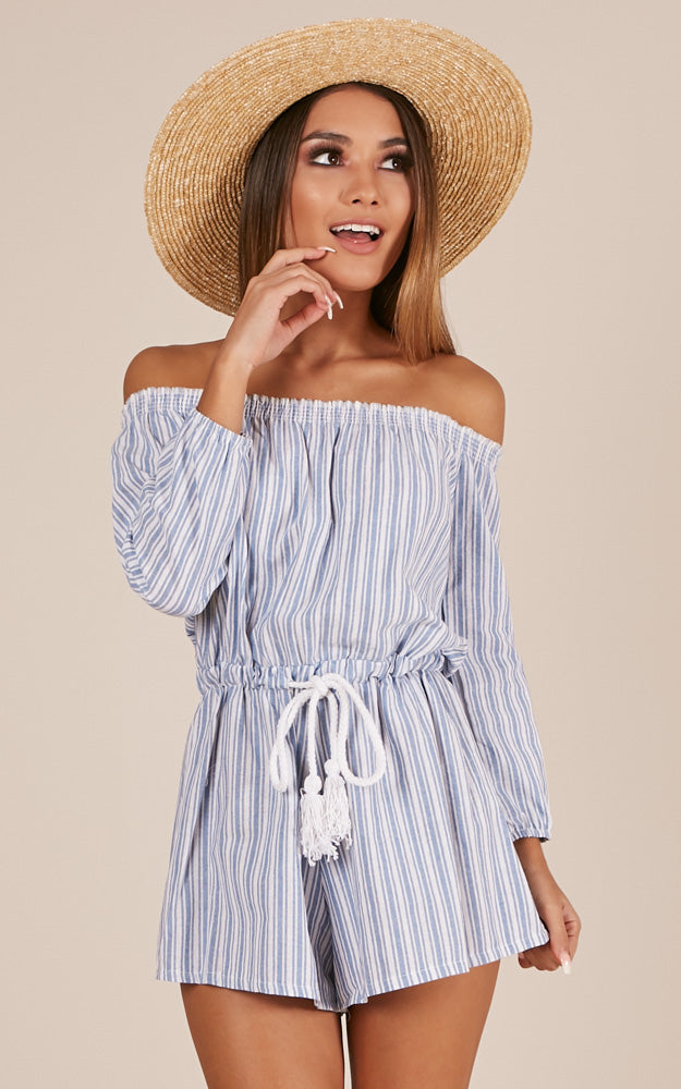 Hidden Heart Playsuit In Blue Stripe Linen Look