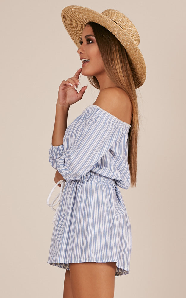 Hidden Heart Playsuit In Blue Stripe Linen Look