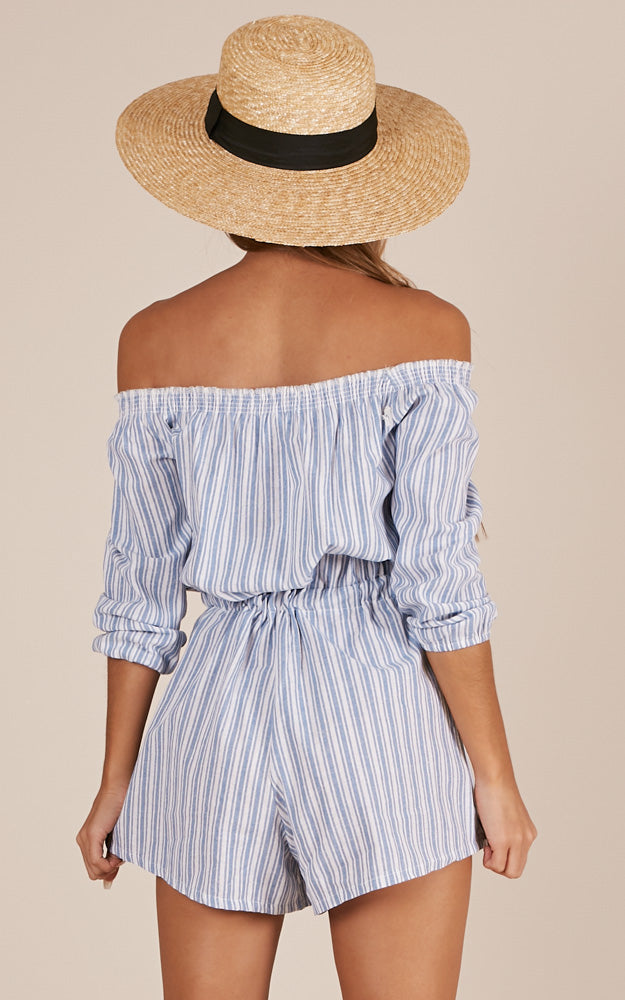 Hidden Heart Playsuit In Blue Stripe Linen Look