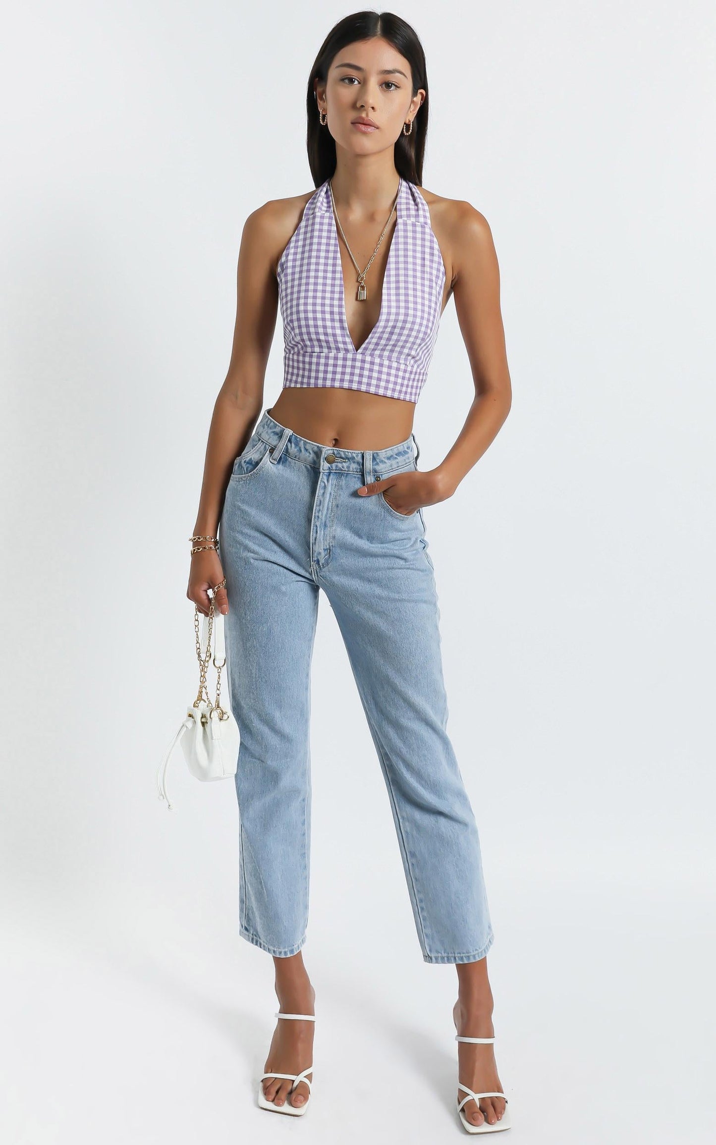 Kady Top - Deep V Halter Crop Top in Purple Check