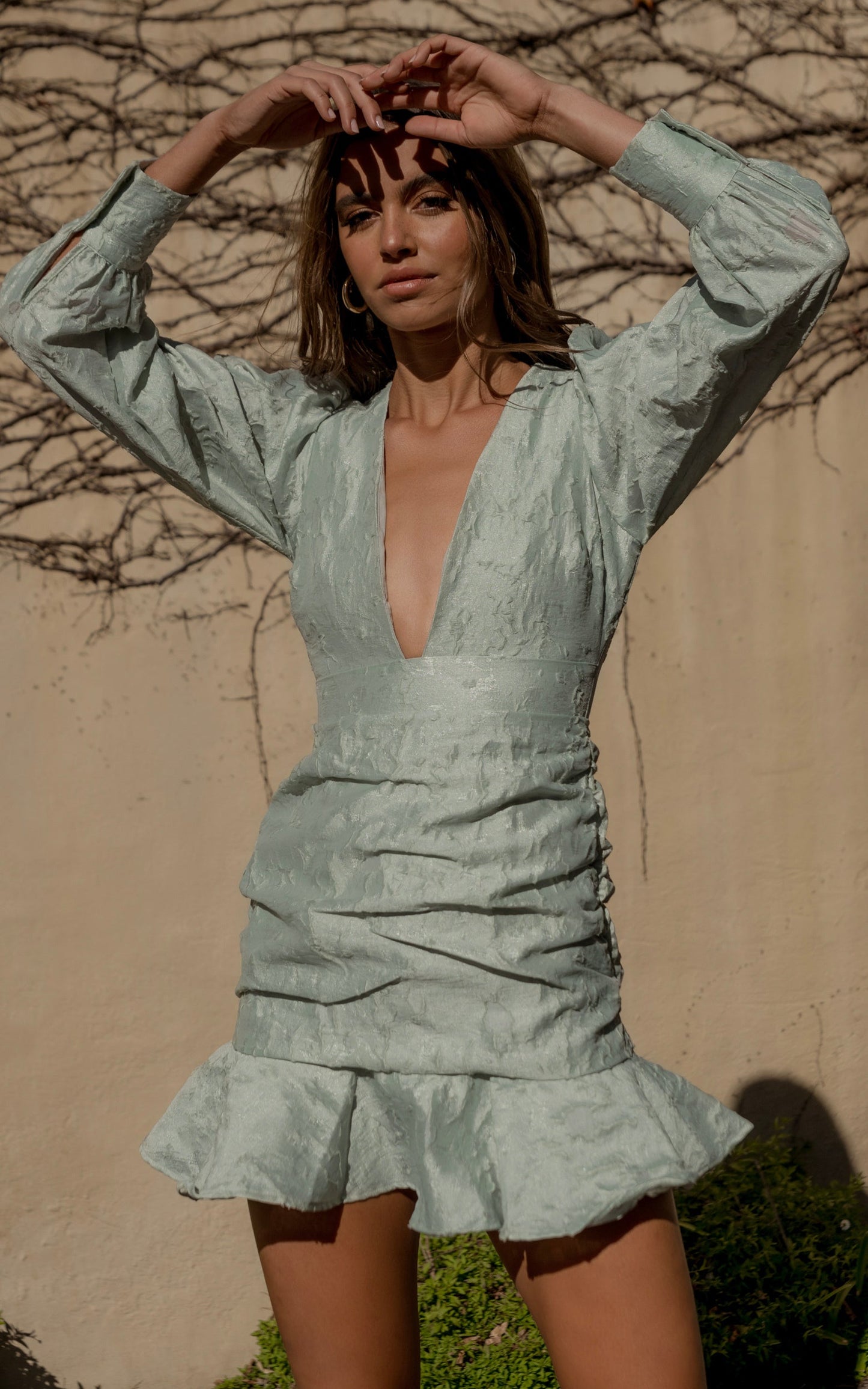 Baxia Mini Dress - Textured Balloon Sleeve Dress in Sage