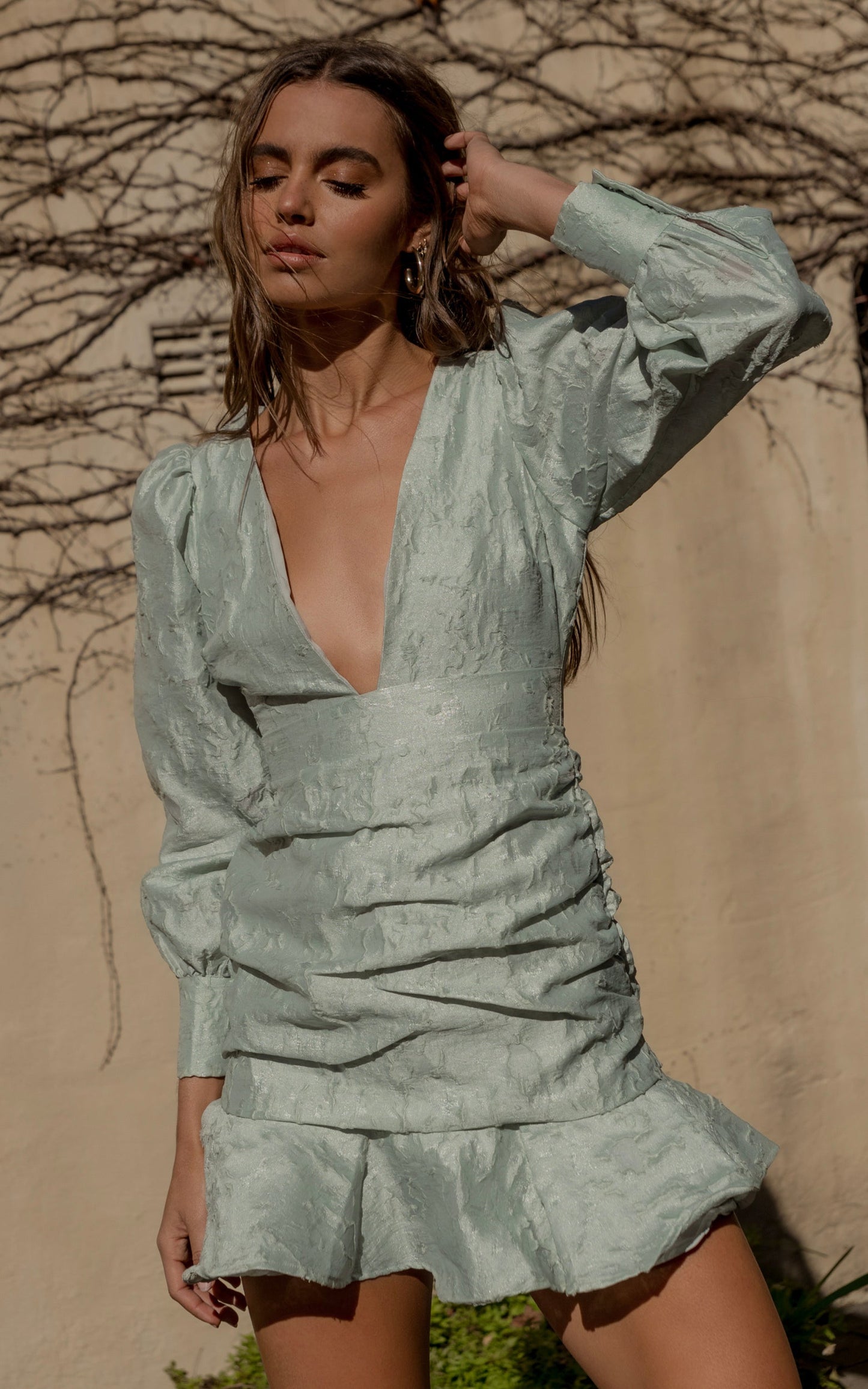 Baxia Mini Dress - Textured Balloon Sleeve Dress in Sage