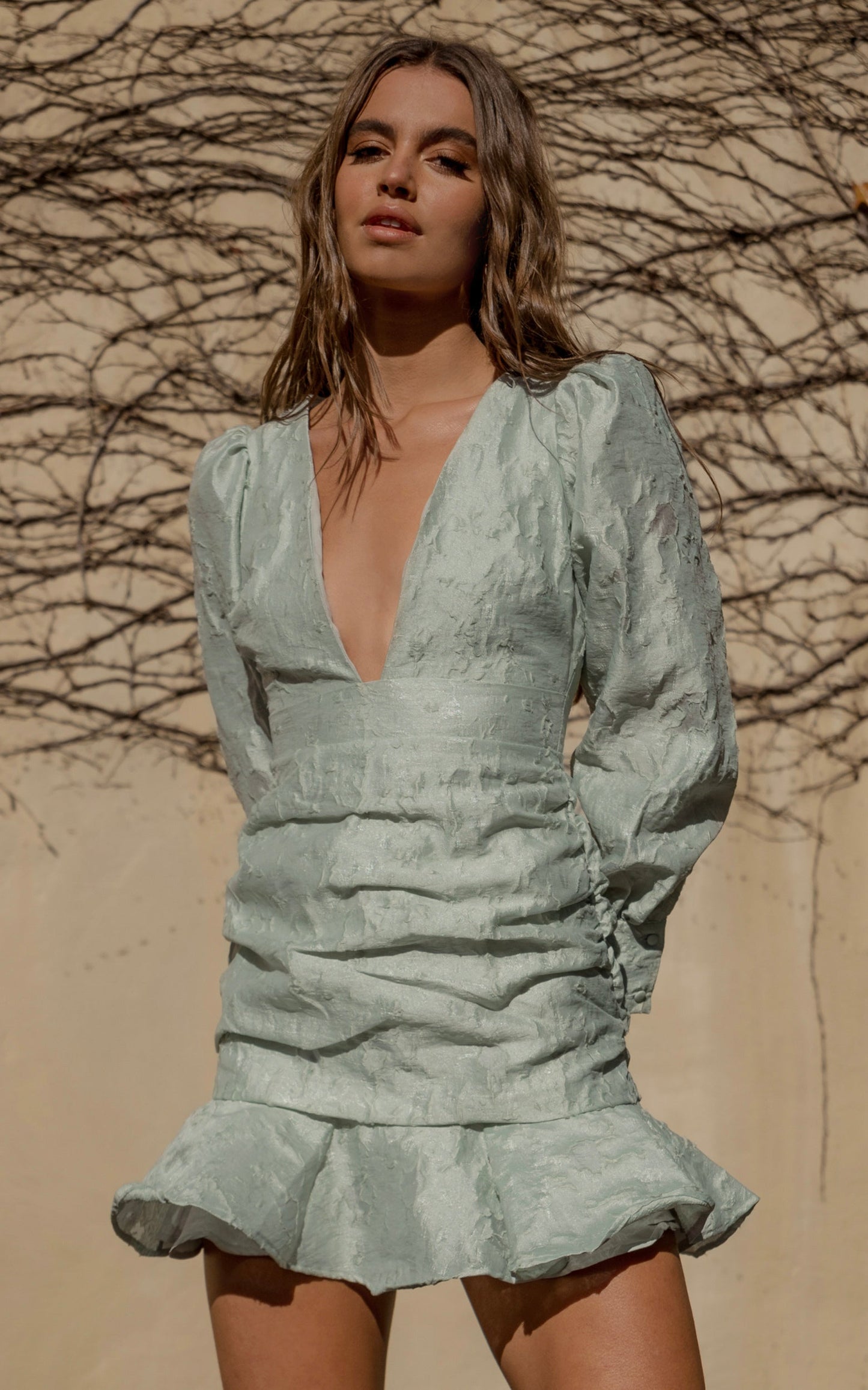 Baxia Mini Dress - Textured Balloon Sleeve Dress in Sage