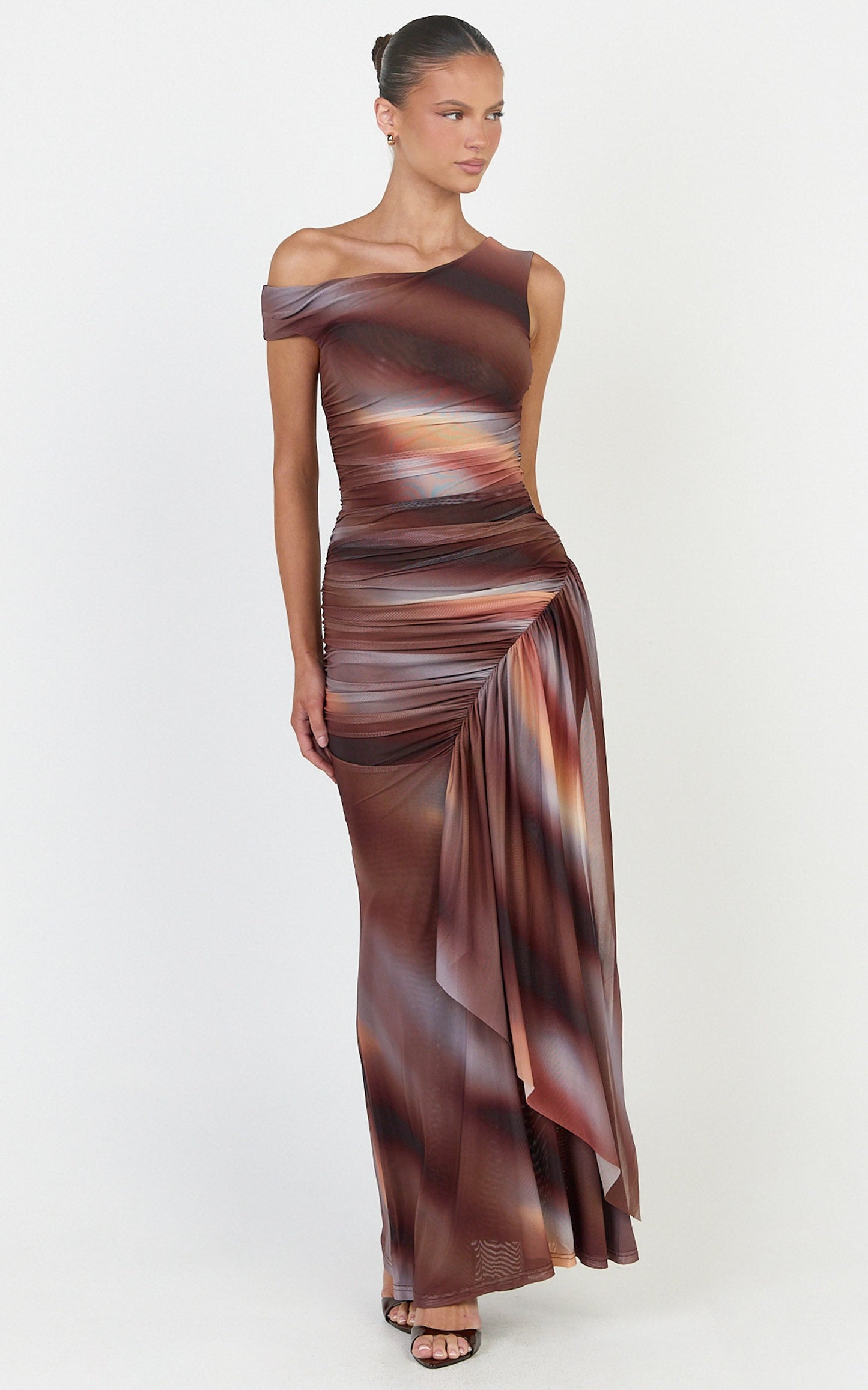 Lucienne Maxi Dress - Asymmetric Neckline Gathered Draped Sash Dress in Aurora Print