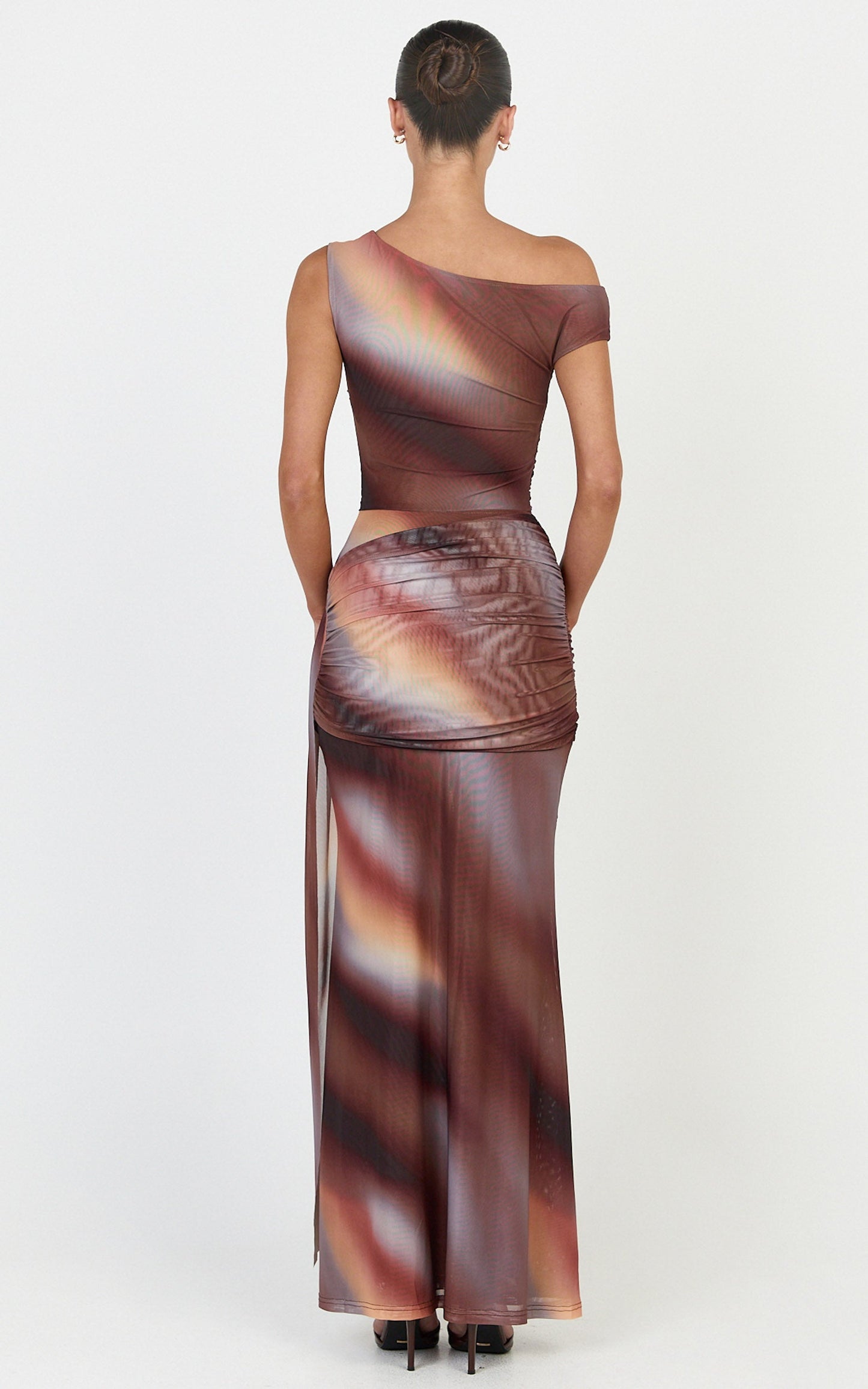 Lucienne Maxi Dress - Asymmetric Neckline Gathered Draped Sash Dress in Aurora Print