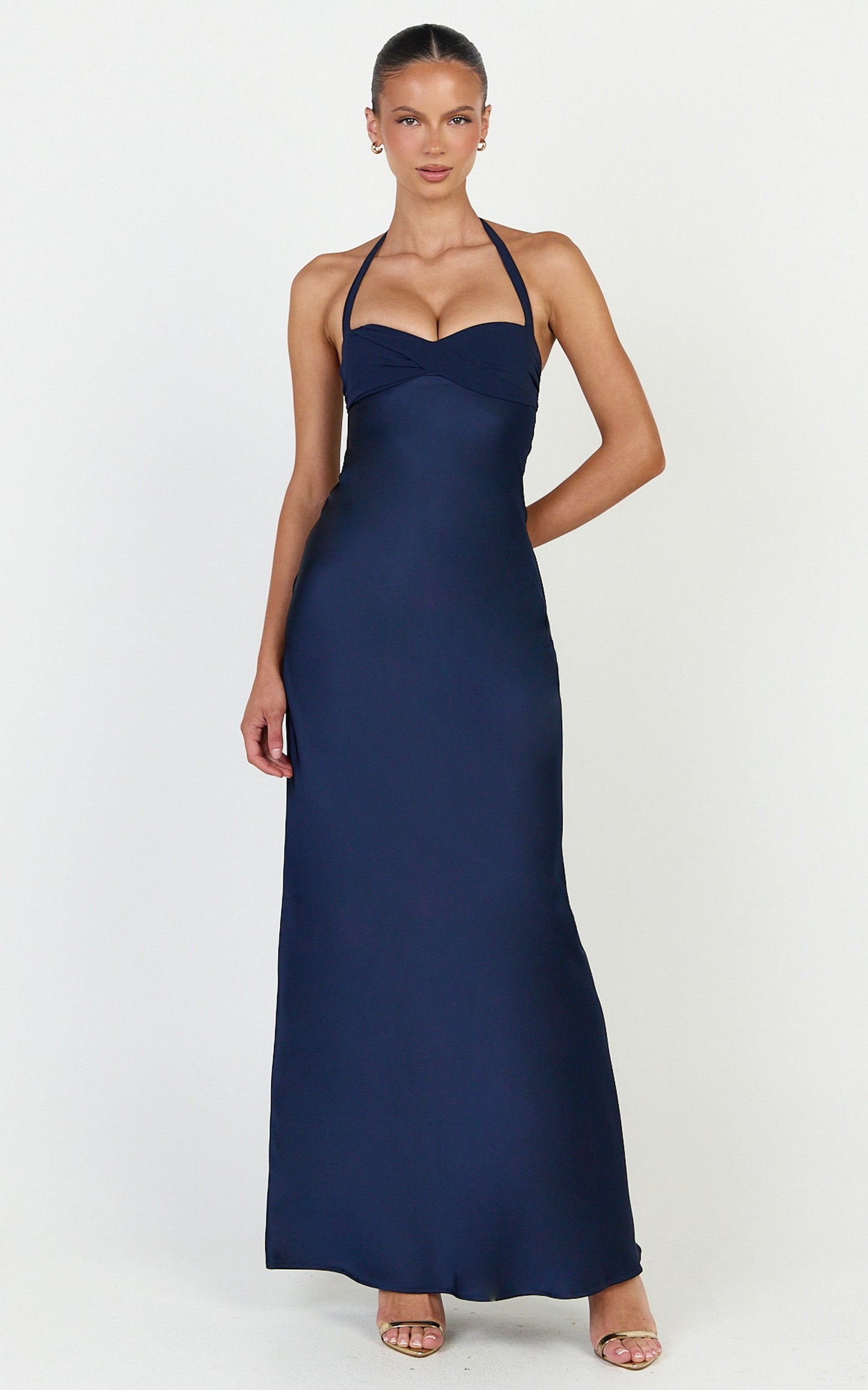 Flynn Maxi Dress - Satin Halter Sweetheart Neck Dress in Navy