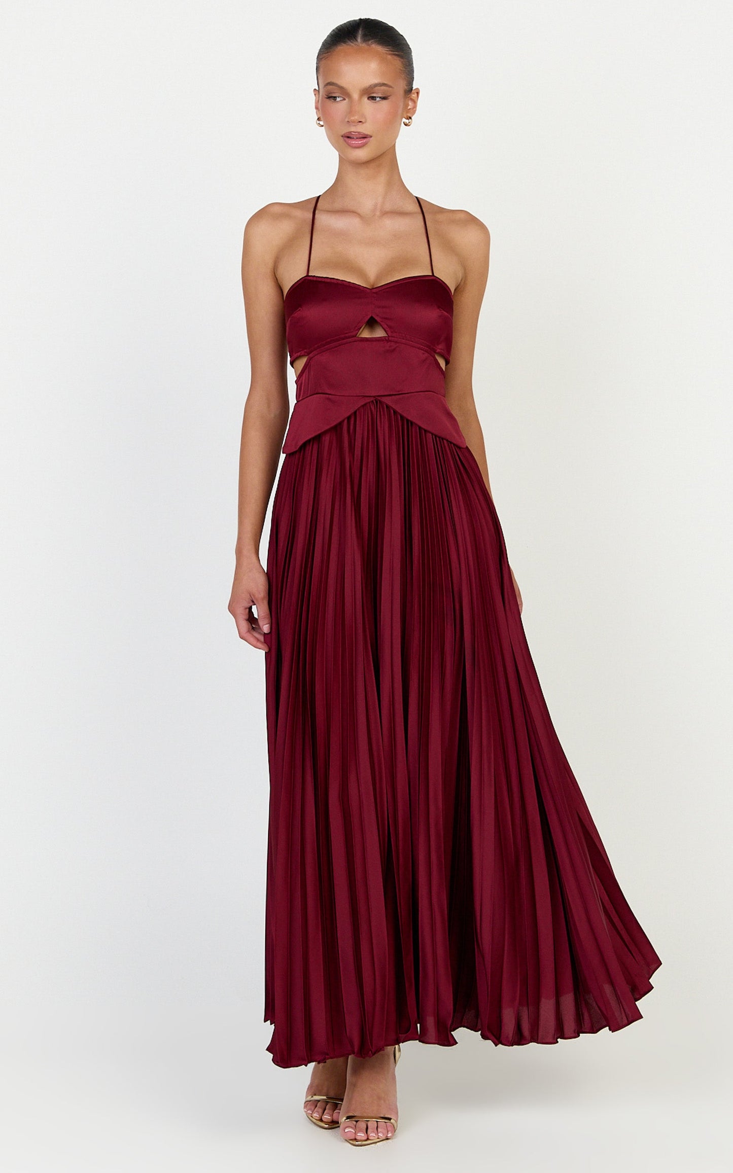 Shay Maxi Dress - Sweetheart Cut Out Pleated Dress in Wine