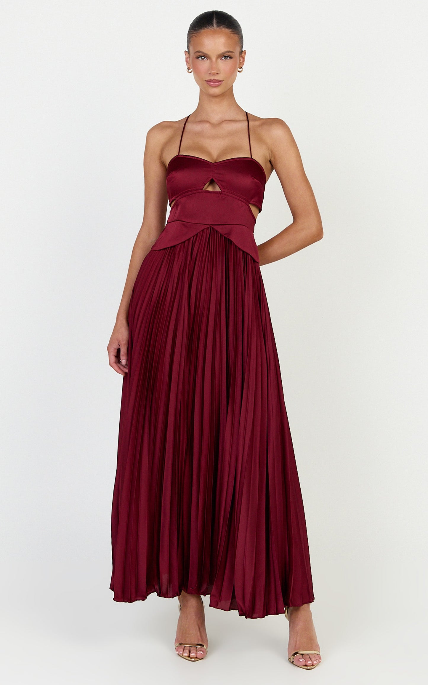 Shay Maxi Dress - Sweetheart Cut Out Pleated Dress in Wine