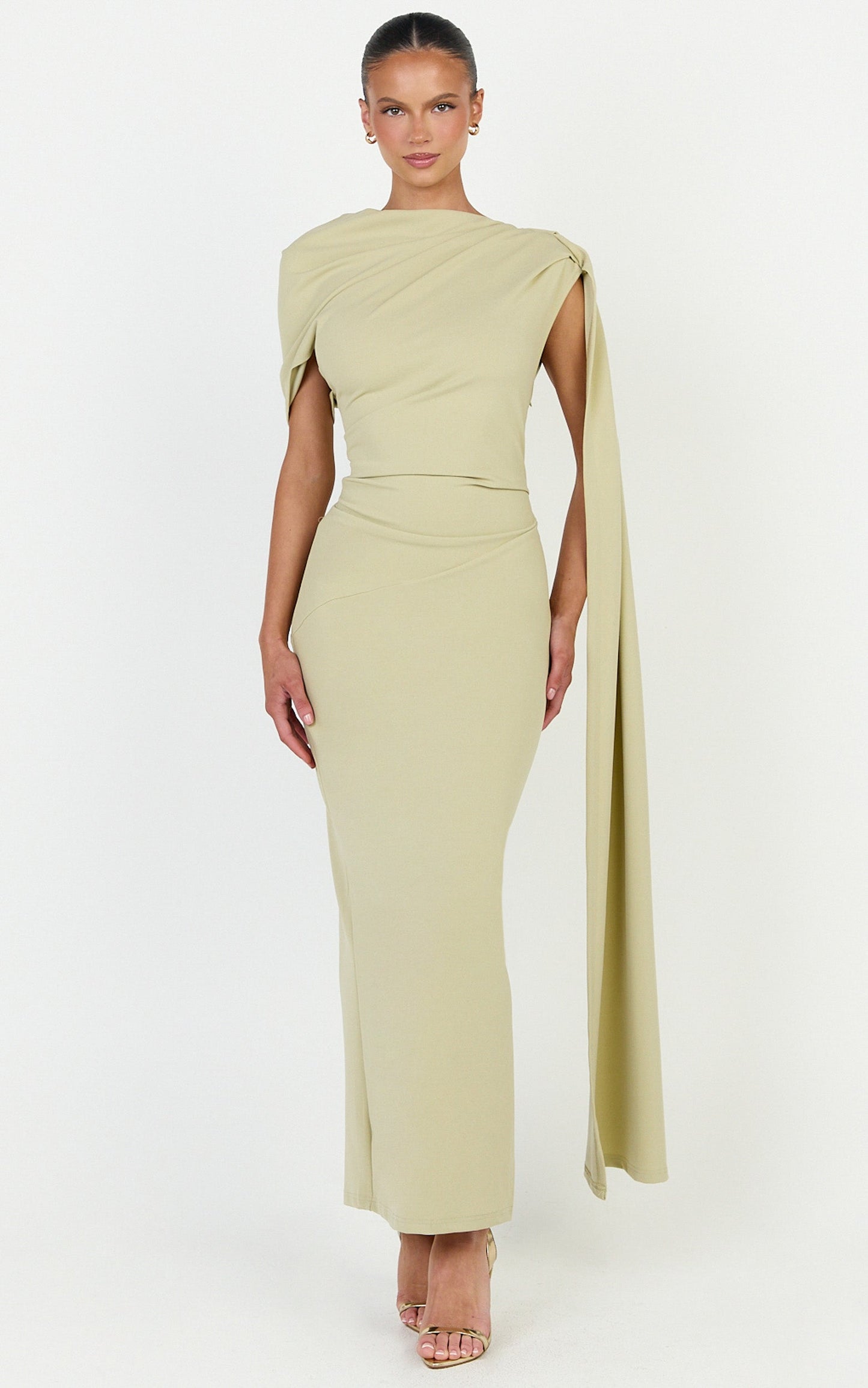 Visenta Midi Dress - Asymmetrical Sleeve Dress in Sage